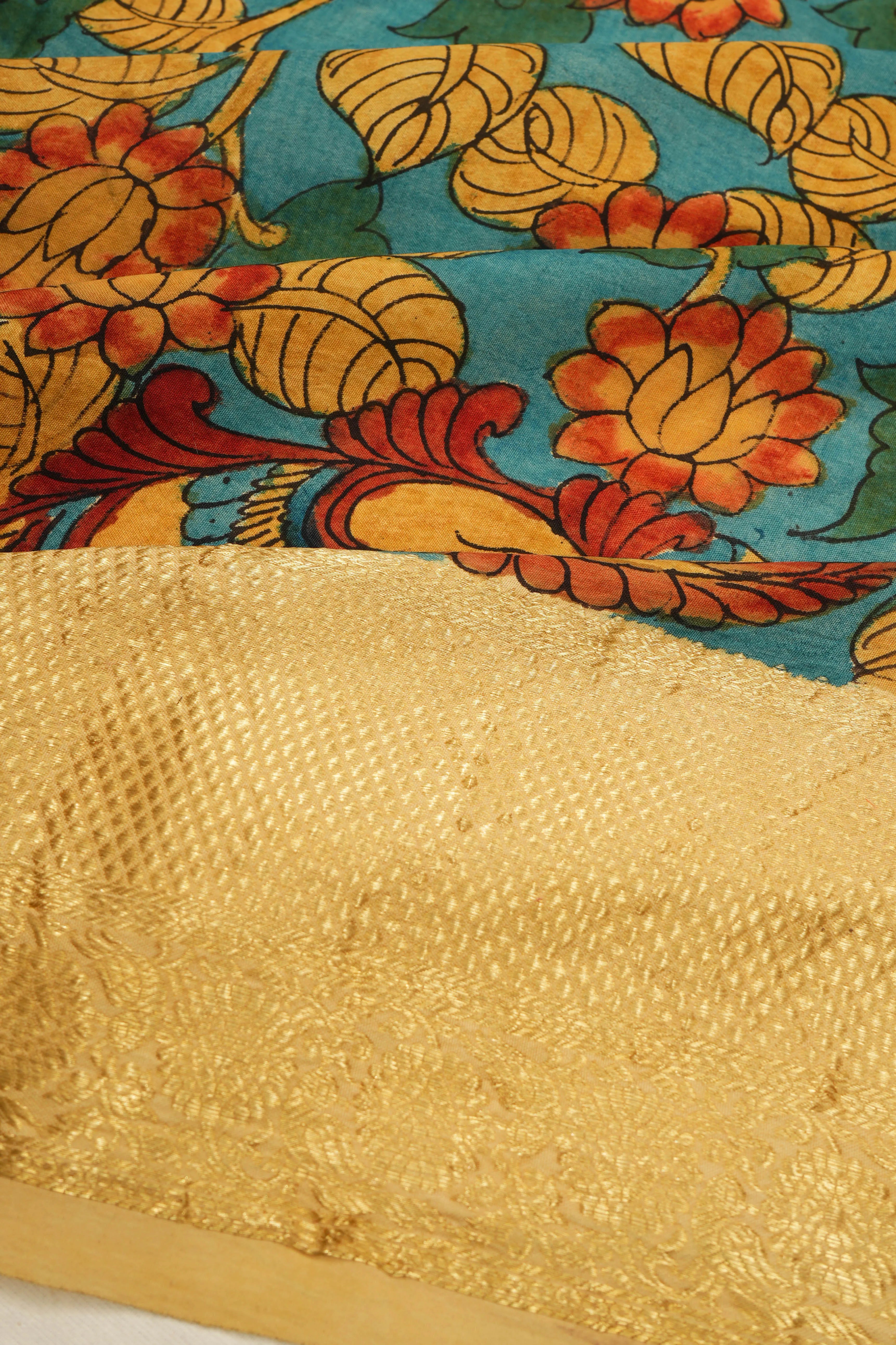 Kanchipuram Silk Kalamkari Hand Painted Blue Saree