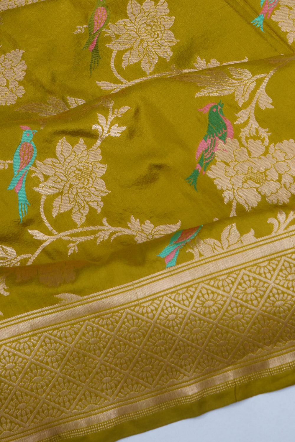 Banarasi Silk Brocade And Meenakari Mehendi Green Saree