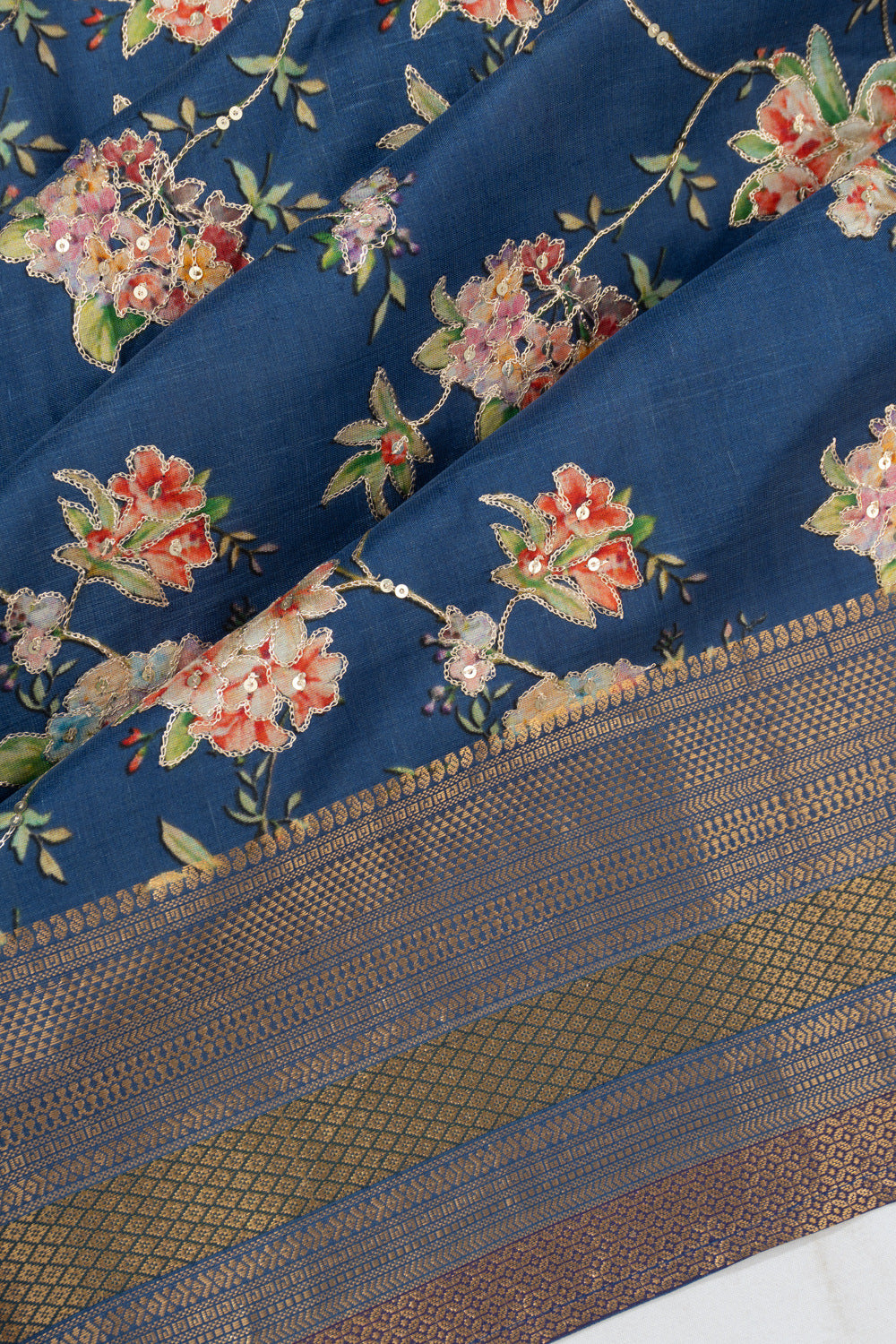 Soft Silk Floral Printed Blue Saree