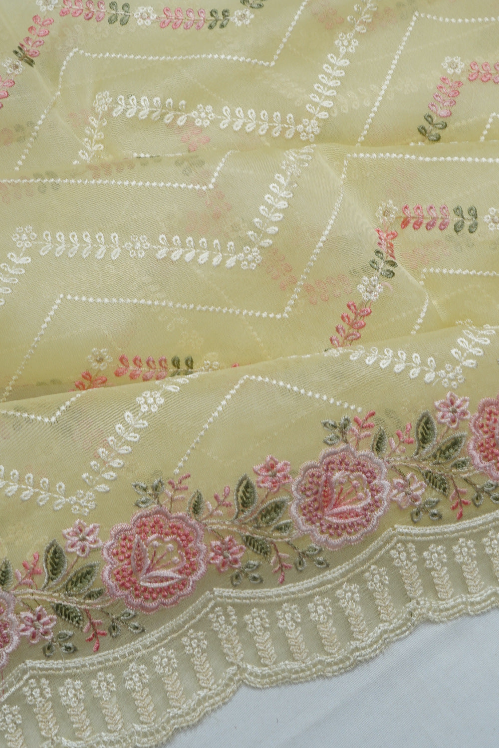 Organza Floral Embroidery Lemon Yellow Saree With Scallop Border