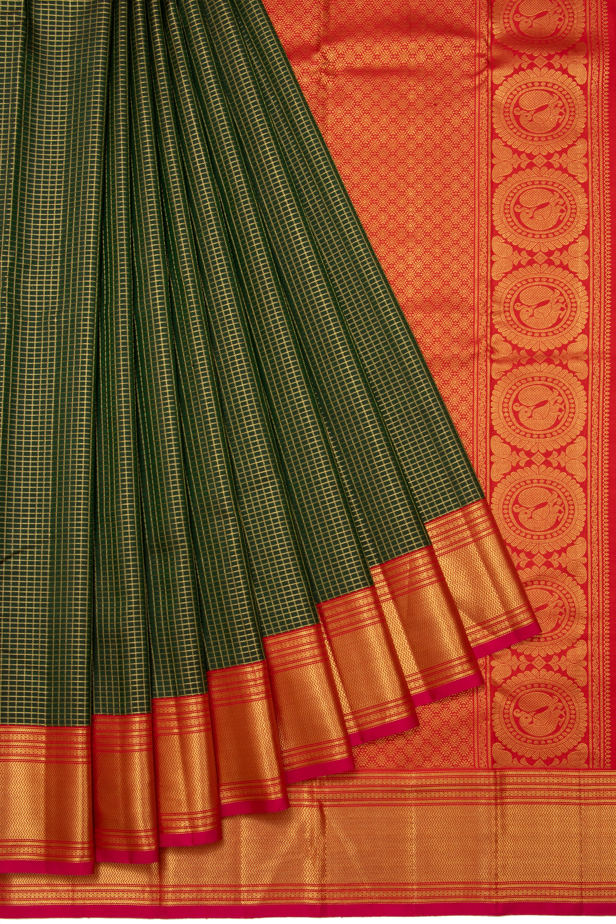 Kanchipuram Silk Checks Dark Green Saree