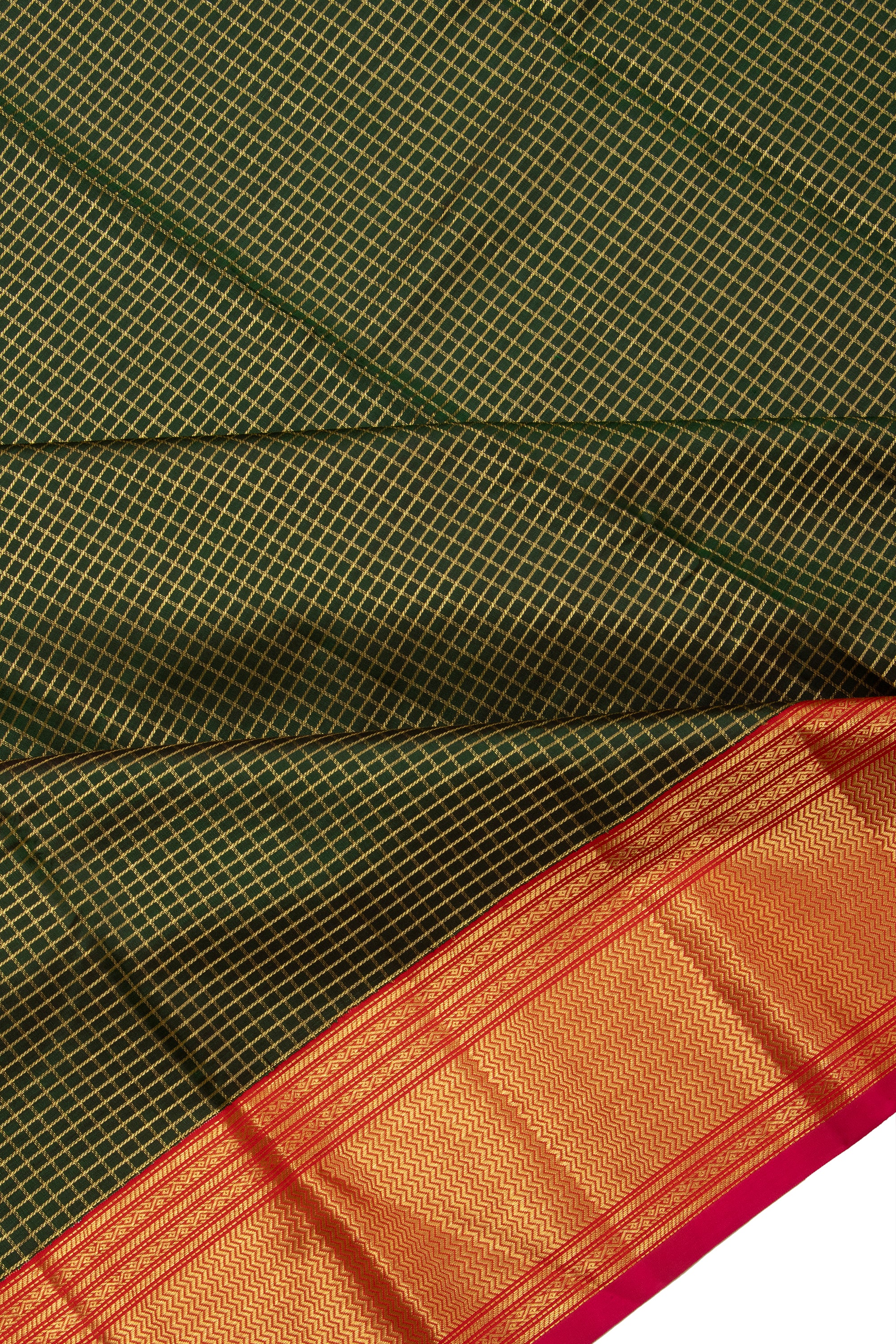 Kanchipuram Silk Checks Dark Green Saree