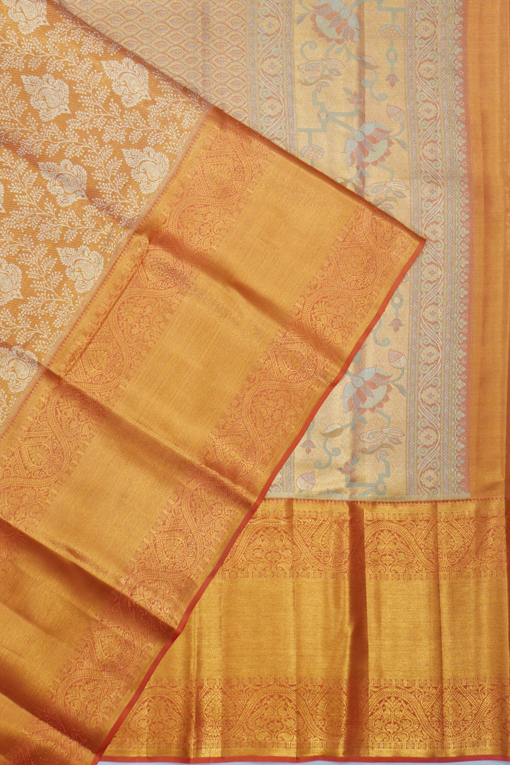 Kanchipuram Silk Tissue Jaal And Butta Orange Saree