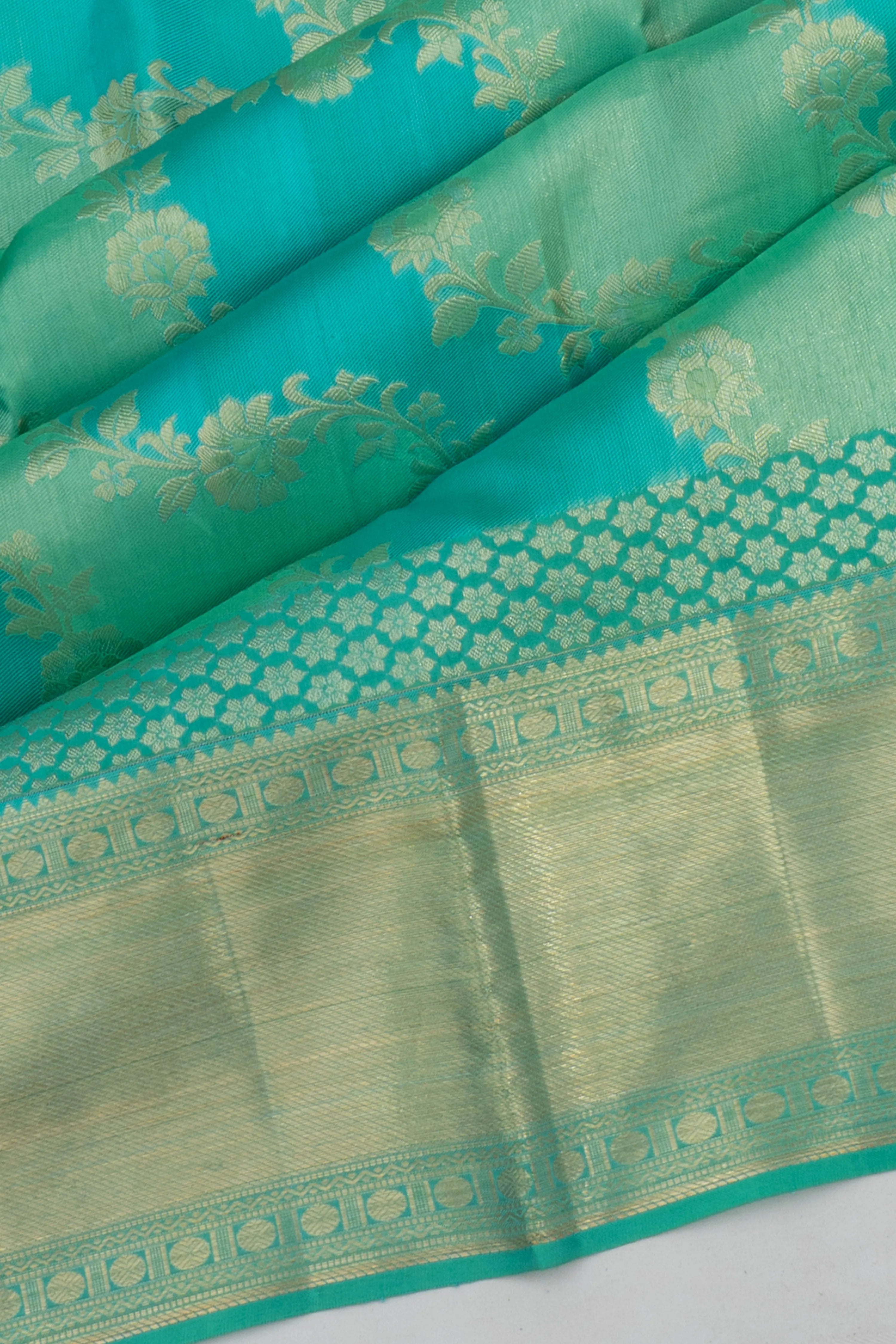 Kanchipuram Silk Jaal Sky Blue And Green Saree