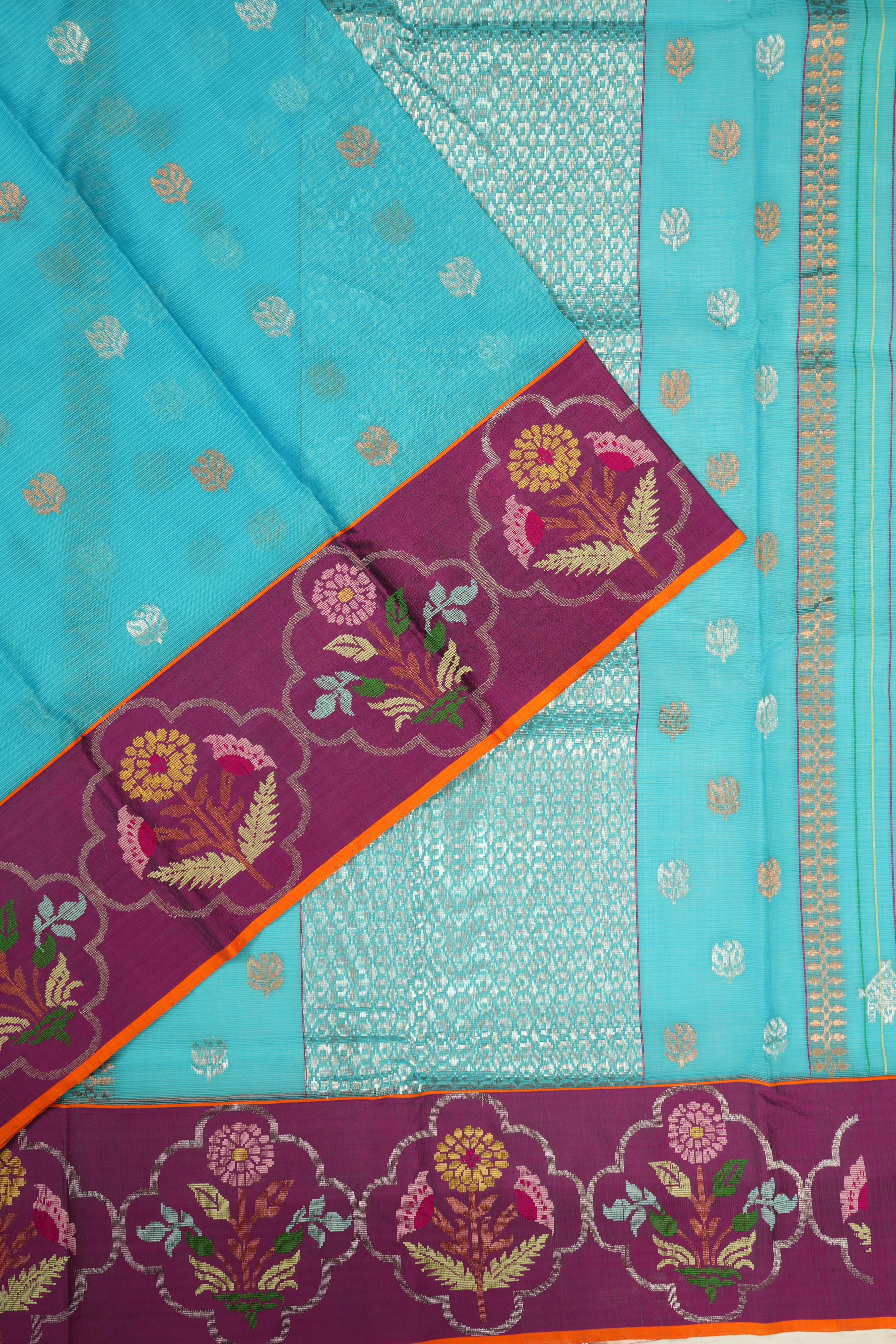 Zari Kota Cotton Butta Sky Blue Saree