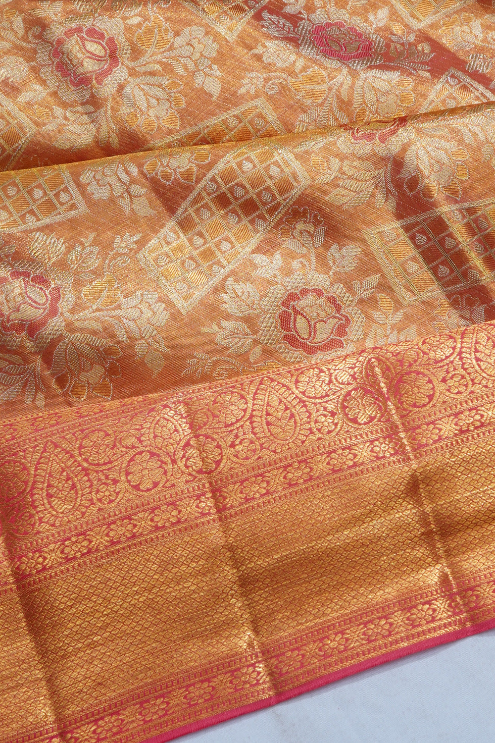 Kanchipuram Silk Tissue Brocade Peach Saree