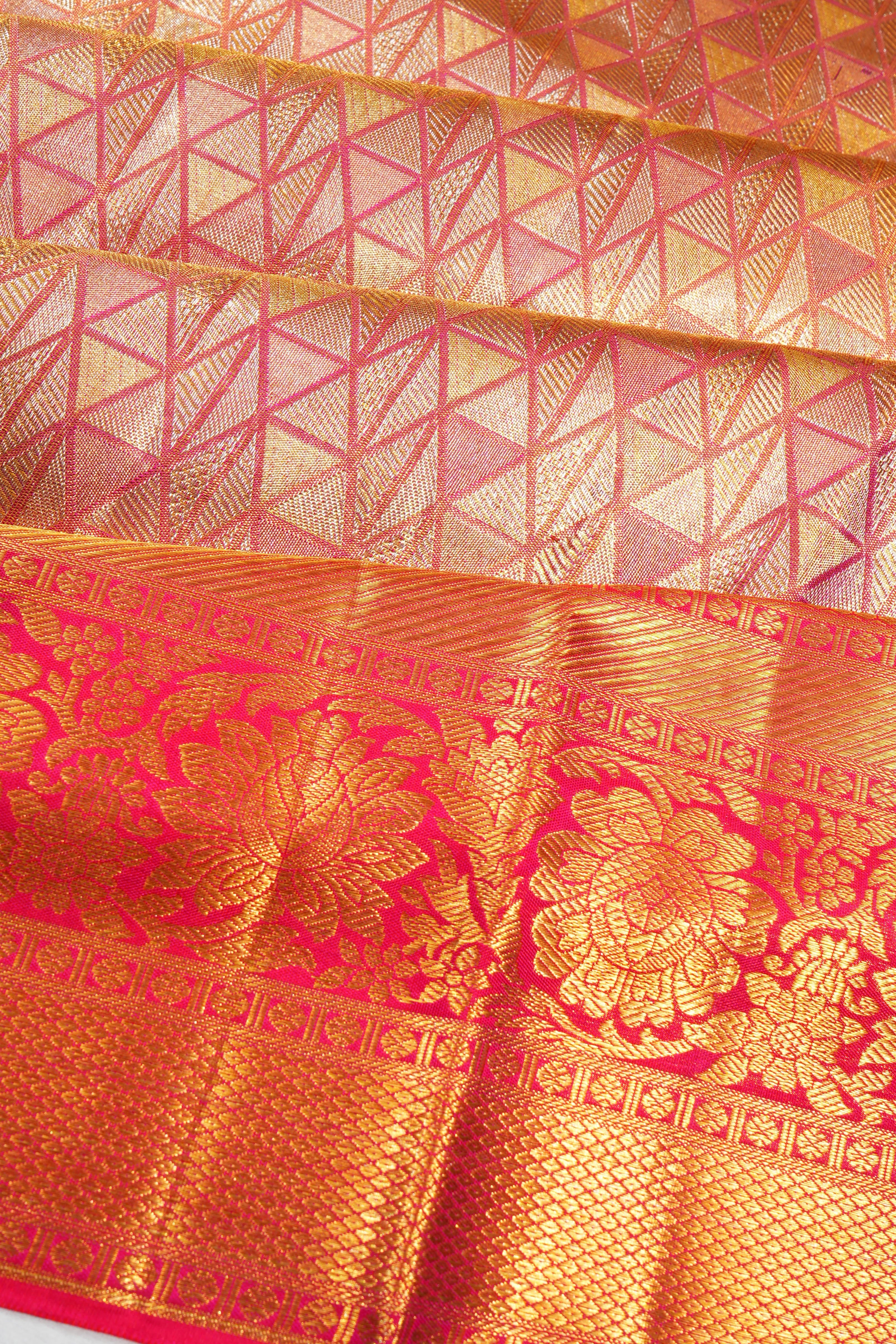 Kanchipuram Silk Tissue Geometrical Brocade Gold Saree