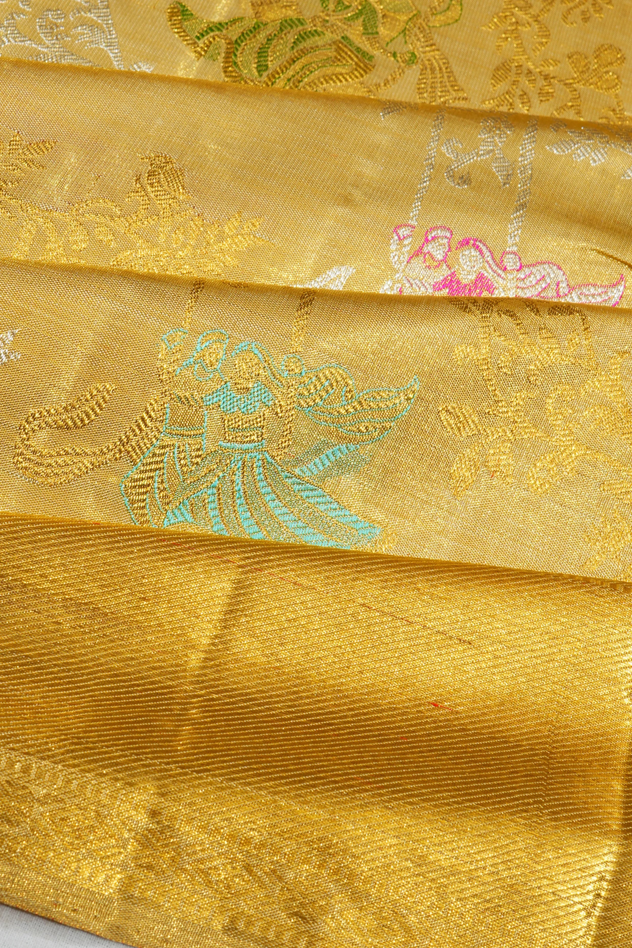 Kanchipuram Silk Meenakari Jaal Tissue Gold Saree With Radha Krishna Motifs