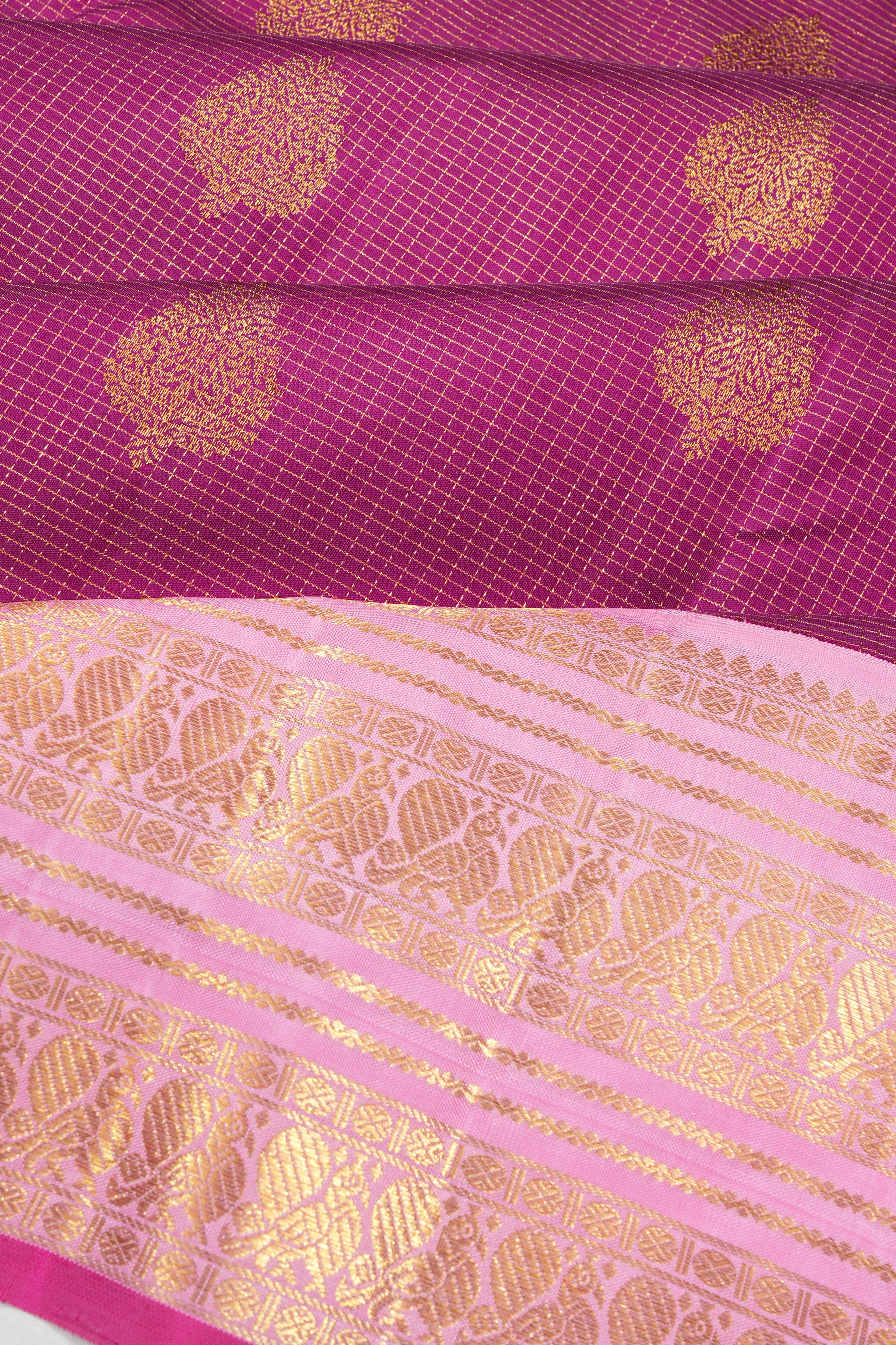 Kanchipuram Silk Checks And Butta Purple Saree