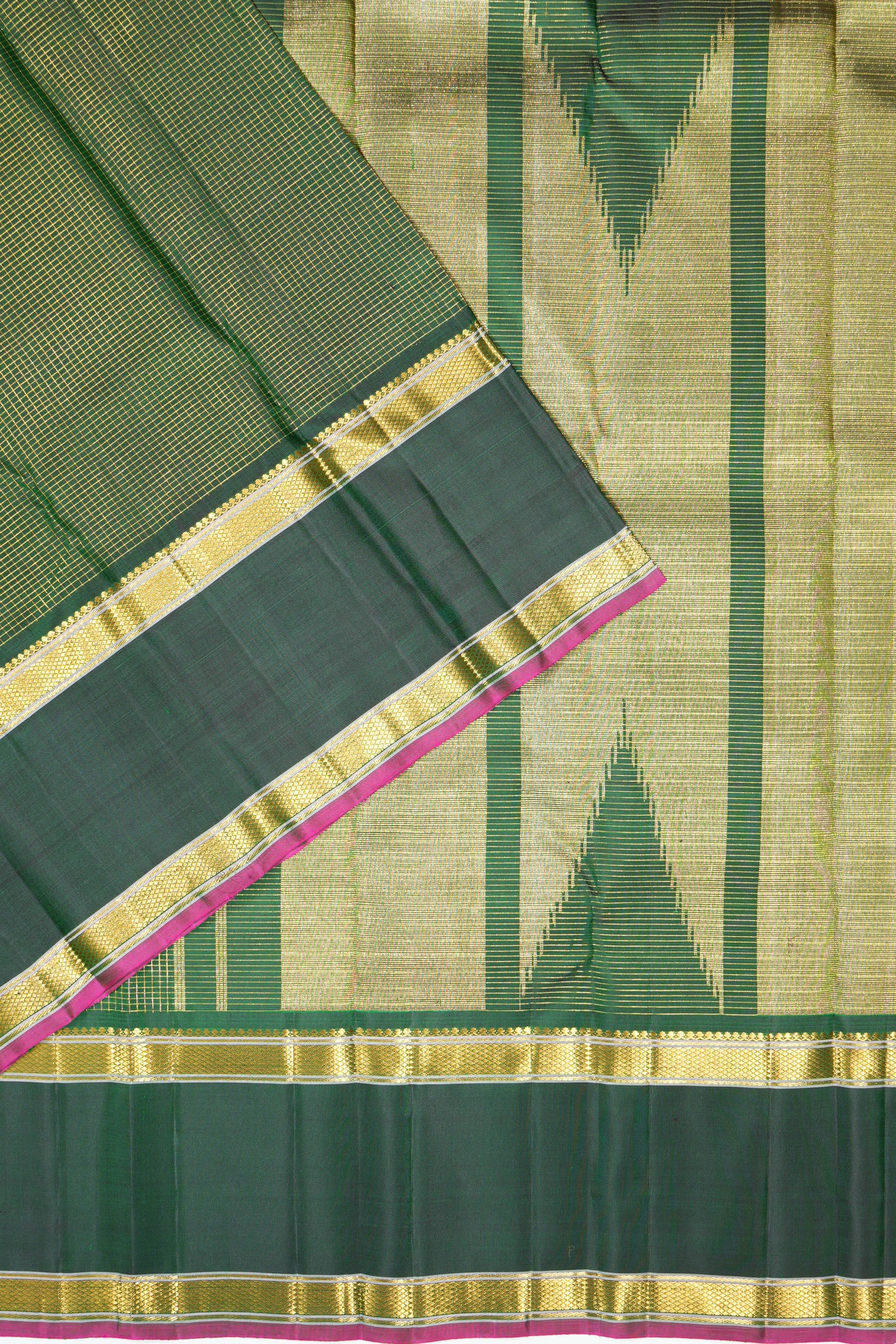 Kanchipuram Silk Checks Dark Green Saree