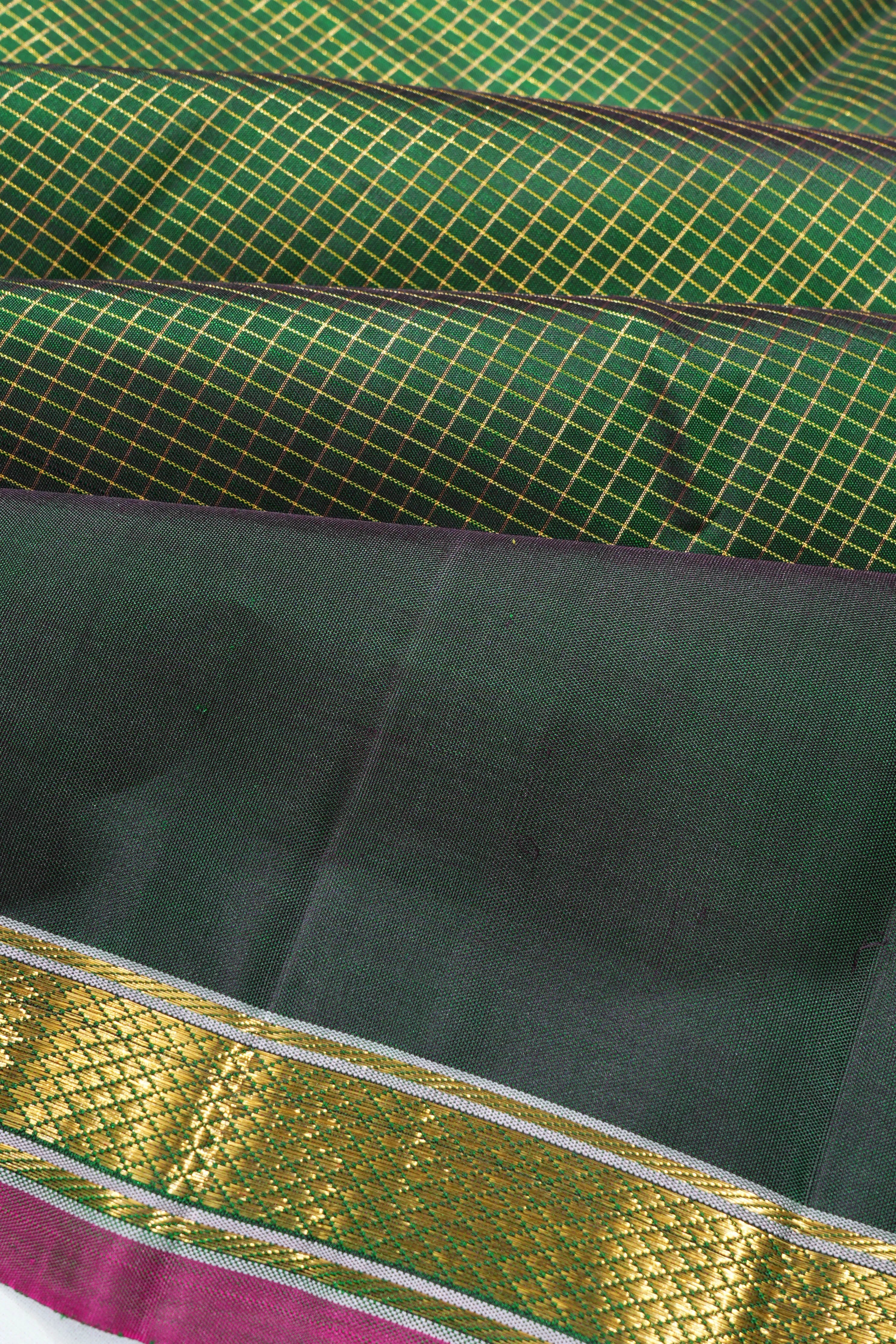 Kanchipuram Silk Checks Dark Green Saree