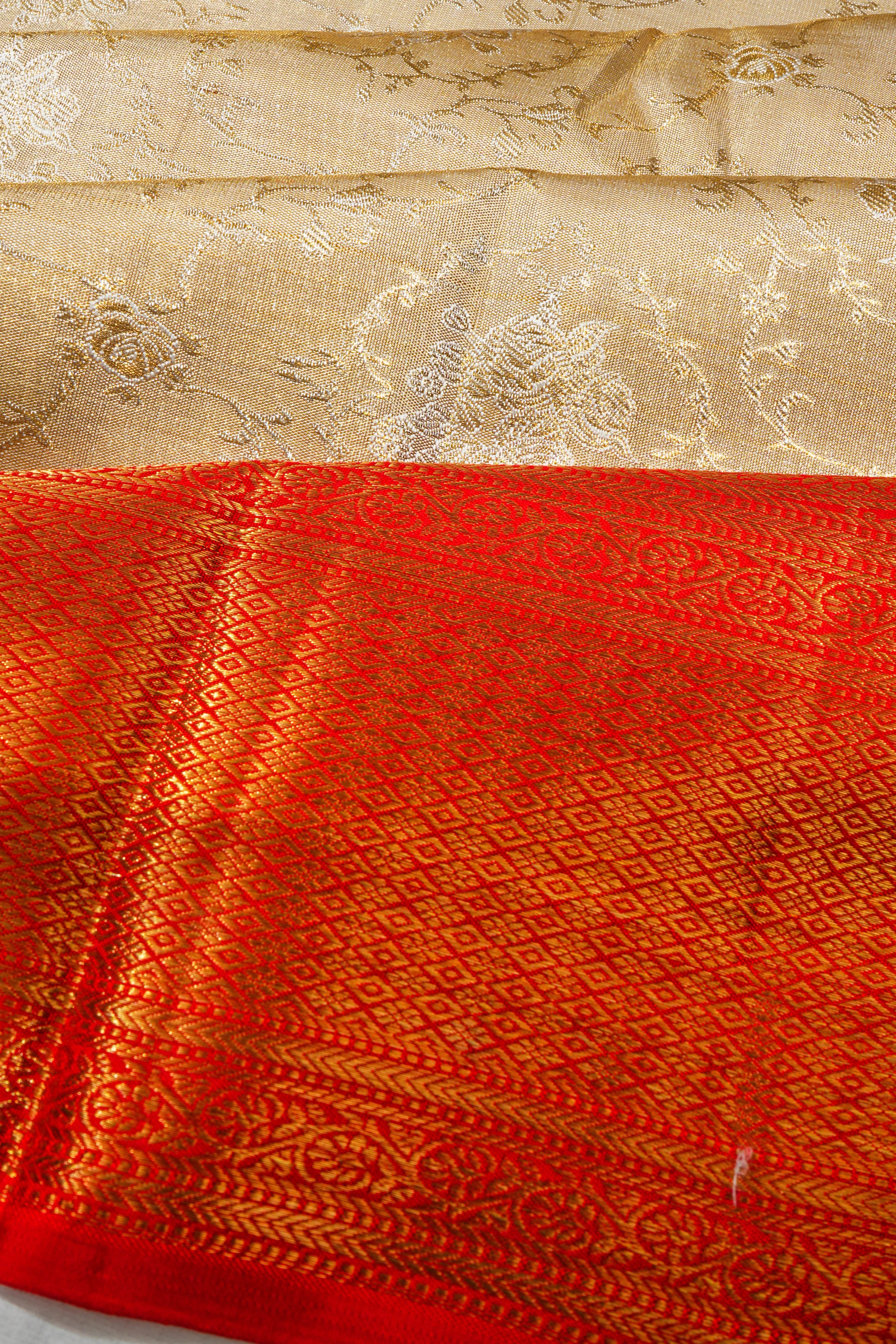 Kanchipuram Silk Tissue Brocade Cream Saree