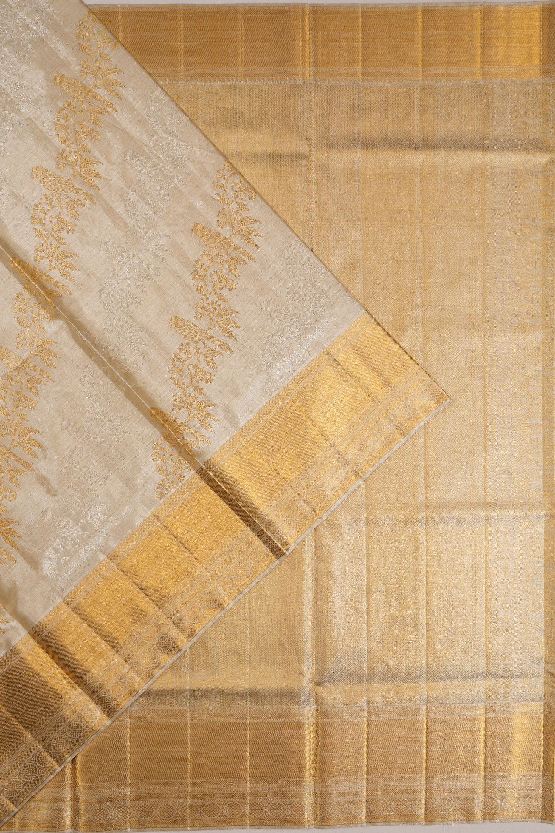 Kanchipuram Silk Tissue Jaal Silver Saree