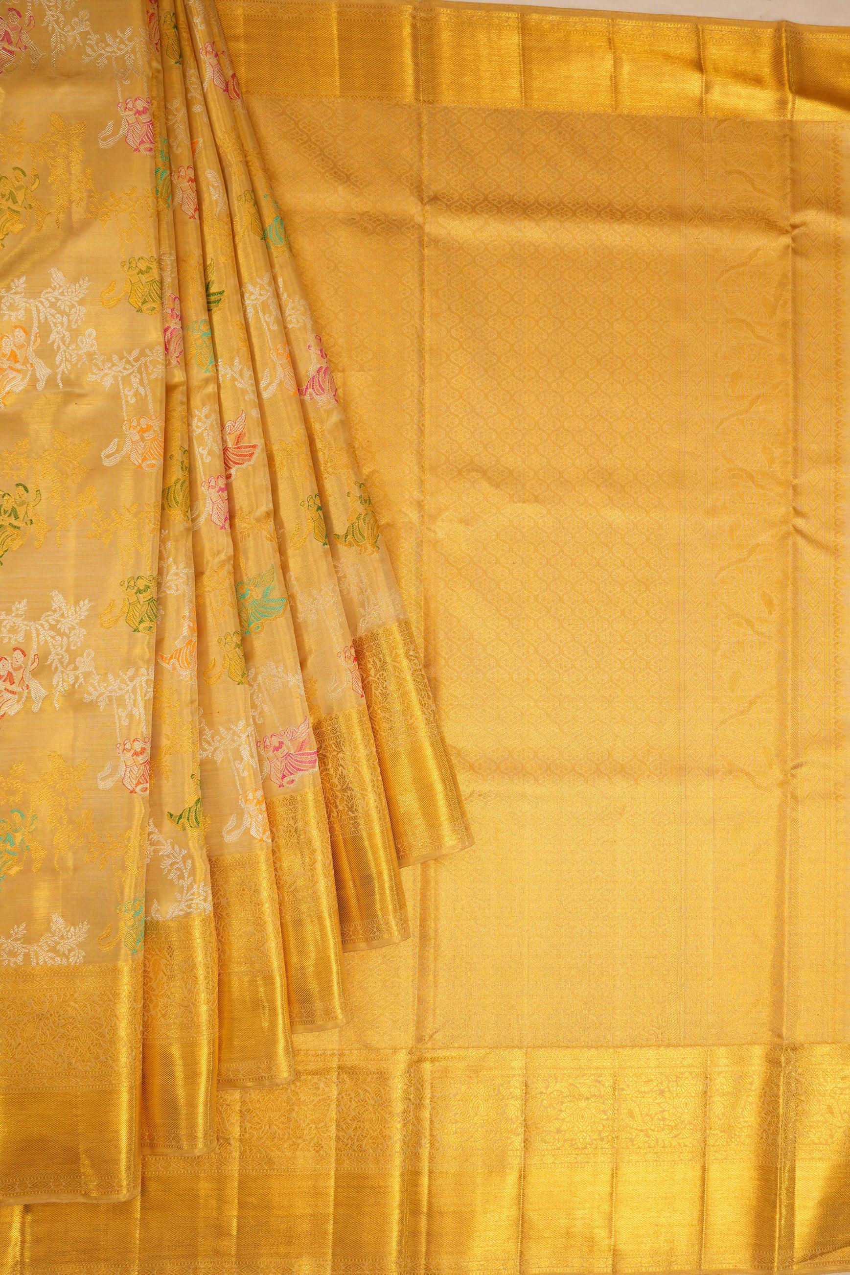 Kanchipuram Silk Tissue Meenakari Jaal Radha Krishna Motifs Gold Saree