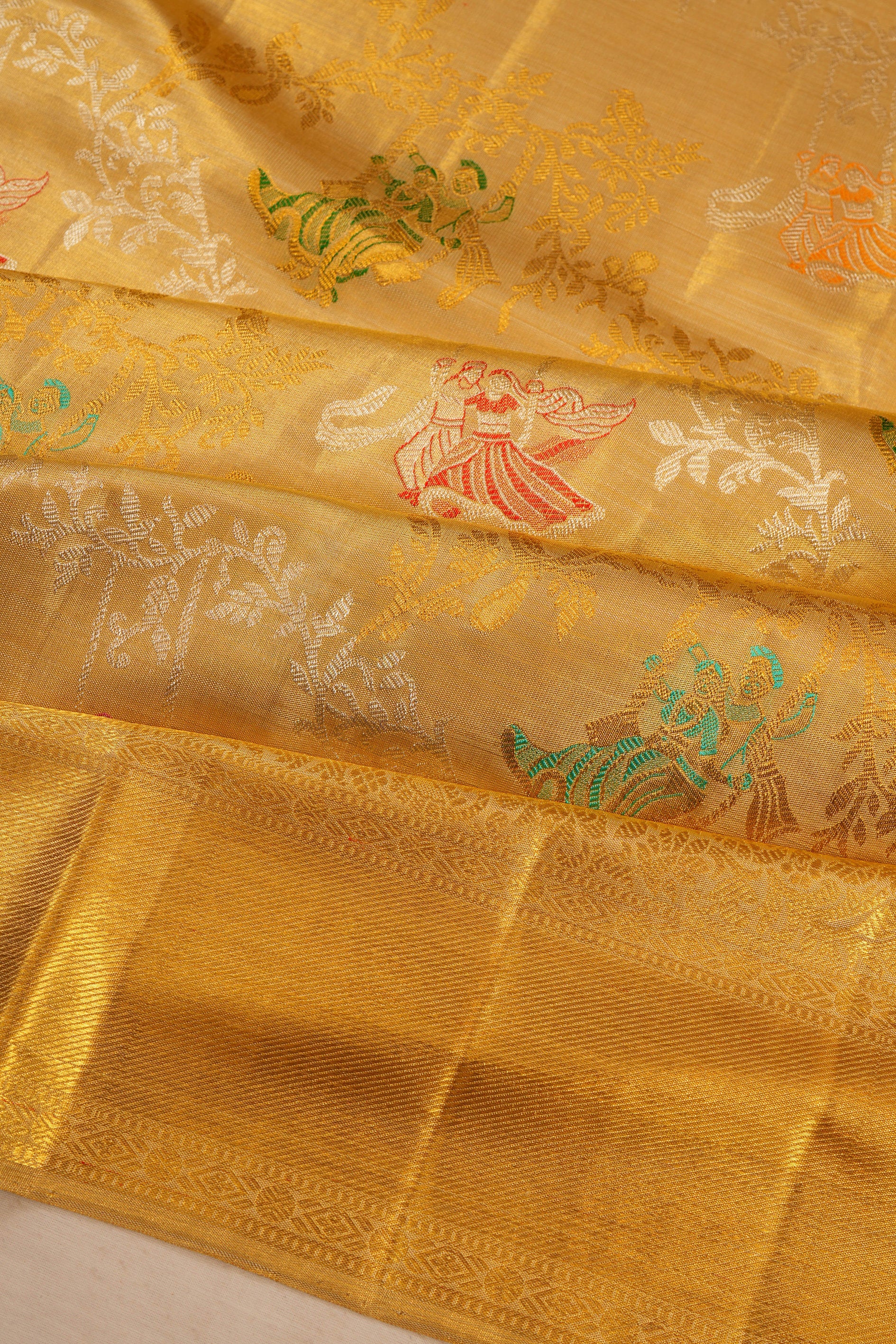 Kanchipuram Silk Tissue Meenakari Jaal Radha Krishna Motifs Gold Saree