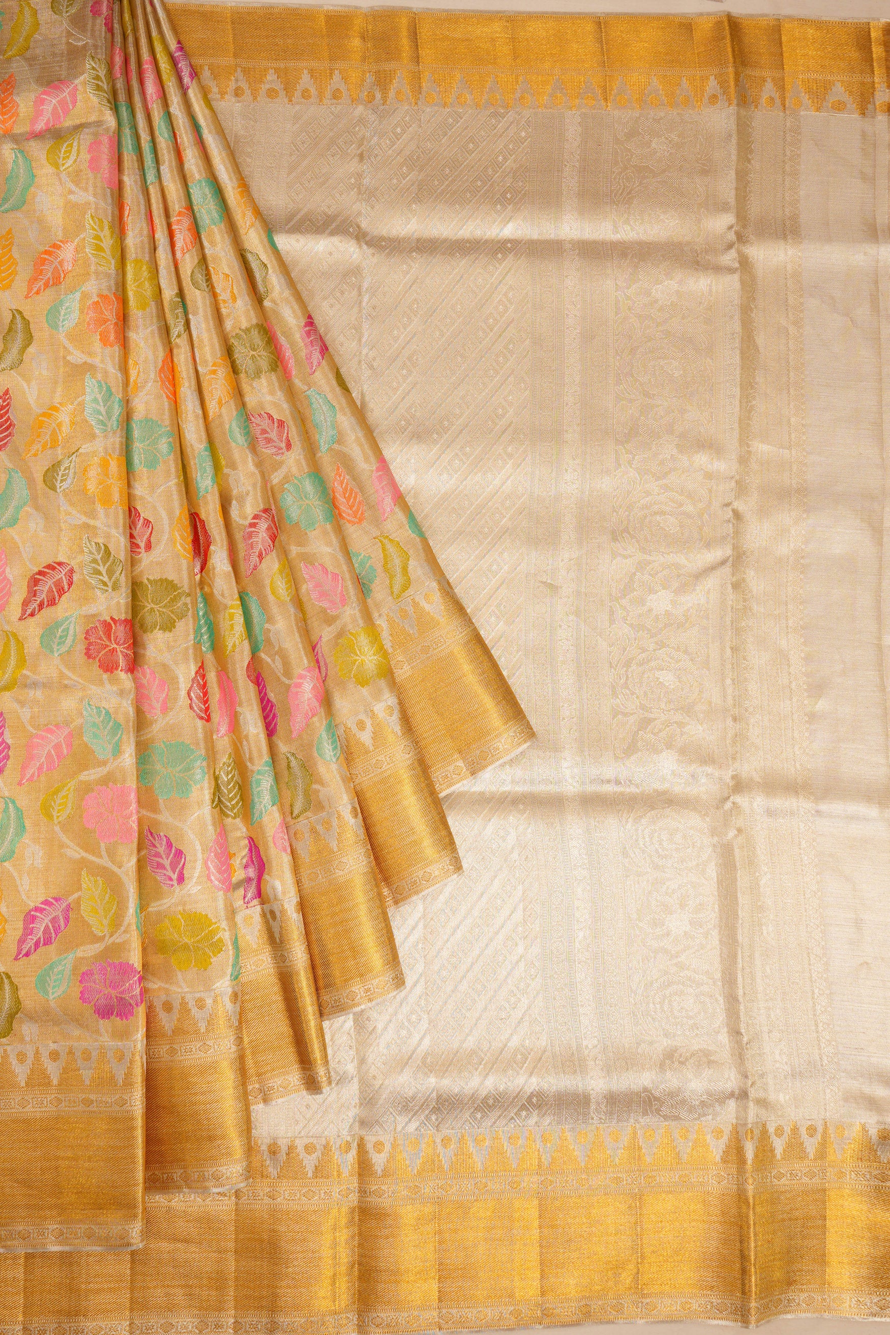 Kanchipuram Silk Tissue Meenakari Brocade Half And Half Gold Saree