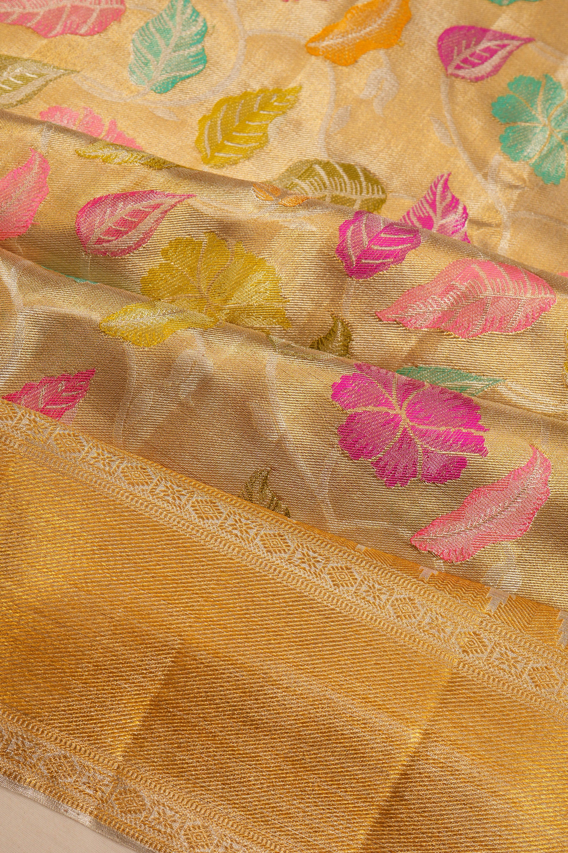 Kanchipuram Silk Tissue Meenakari Brocade Half And Half Gold Saree
