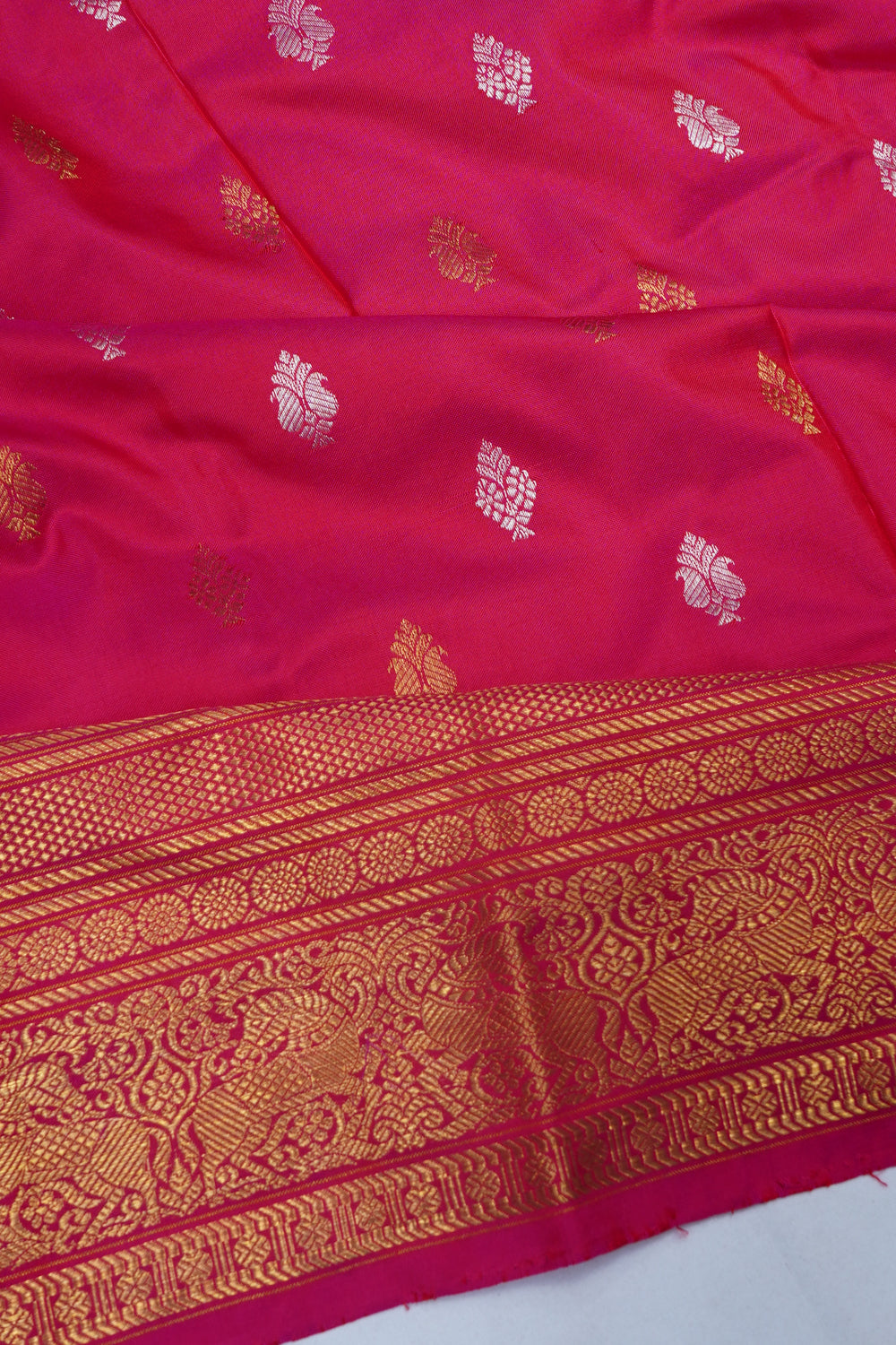 Kanchipuram Silk Twill Butta Rani Pink Saree With Ikat Blouse