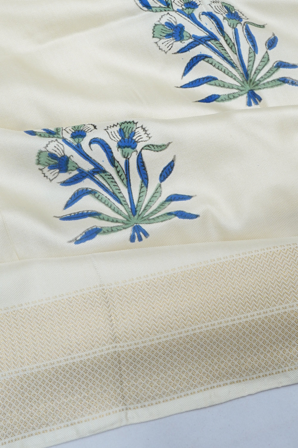 Kanchipuram Silk Twill Block Print Butta White Saree With Ikat Blouse