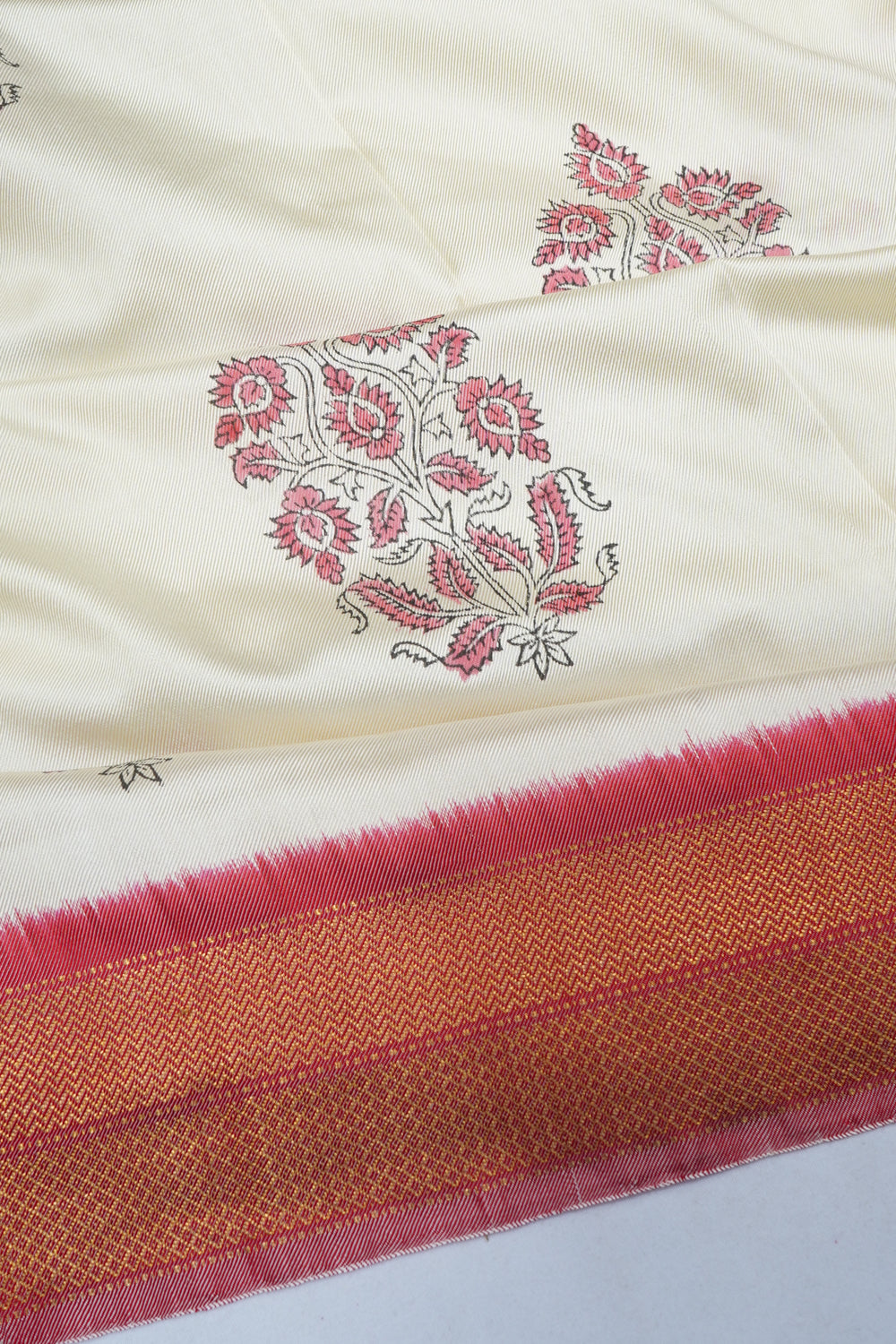 Kanchipuram Silk Twill Block Print Butta White Saree With Ikat Blouse