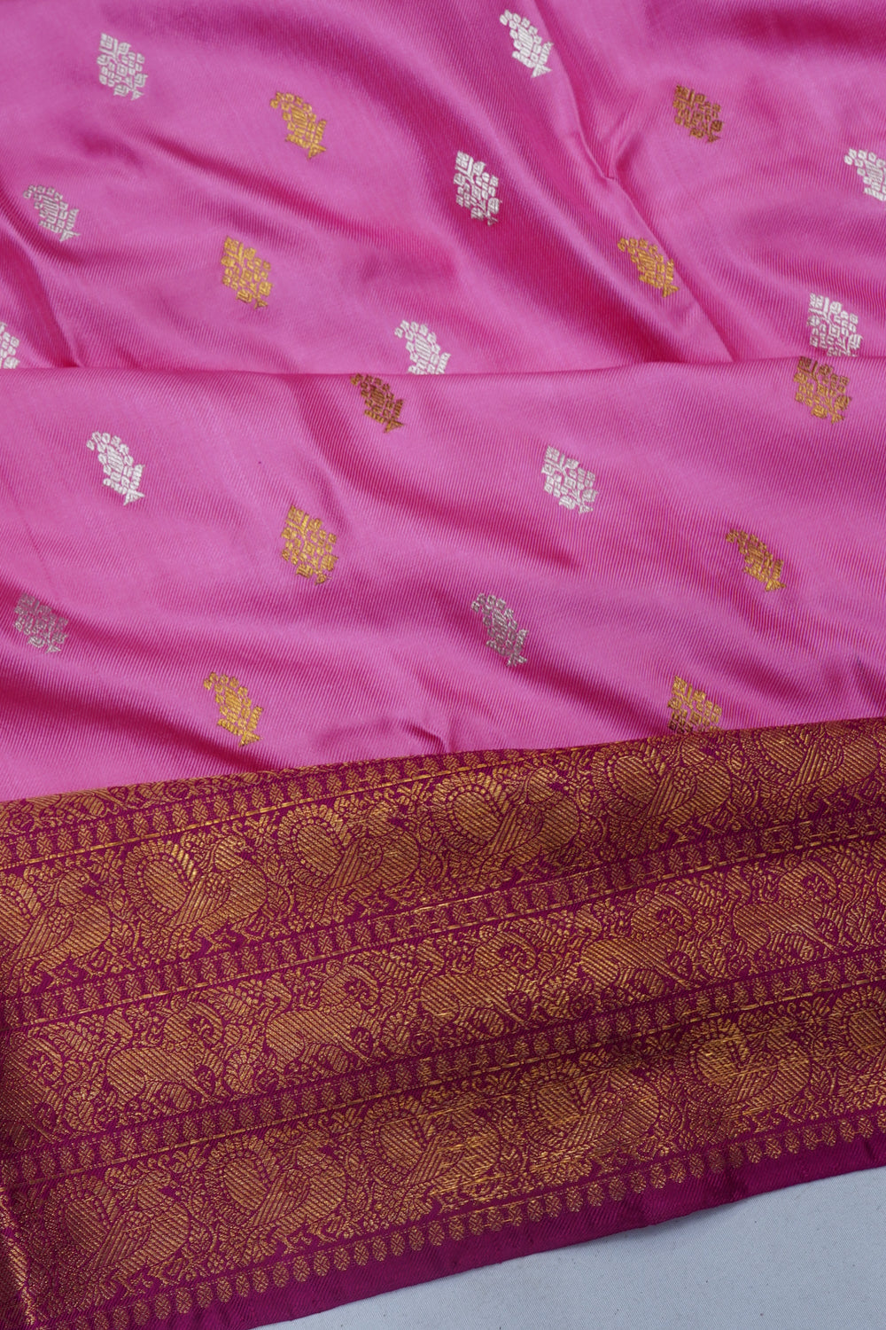 Kanchipuram Silk Twill Butta Pink Saree With Ikat Blouse