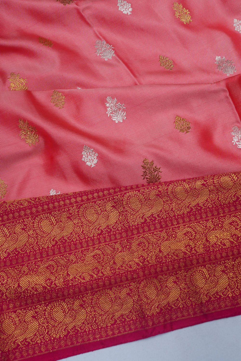 Kanchipuram Silk Twill Butta Peach Saree With Ikat Blouse
