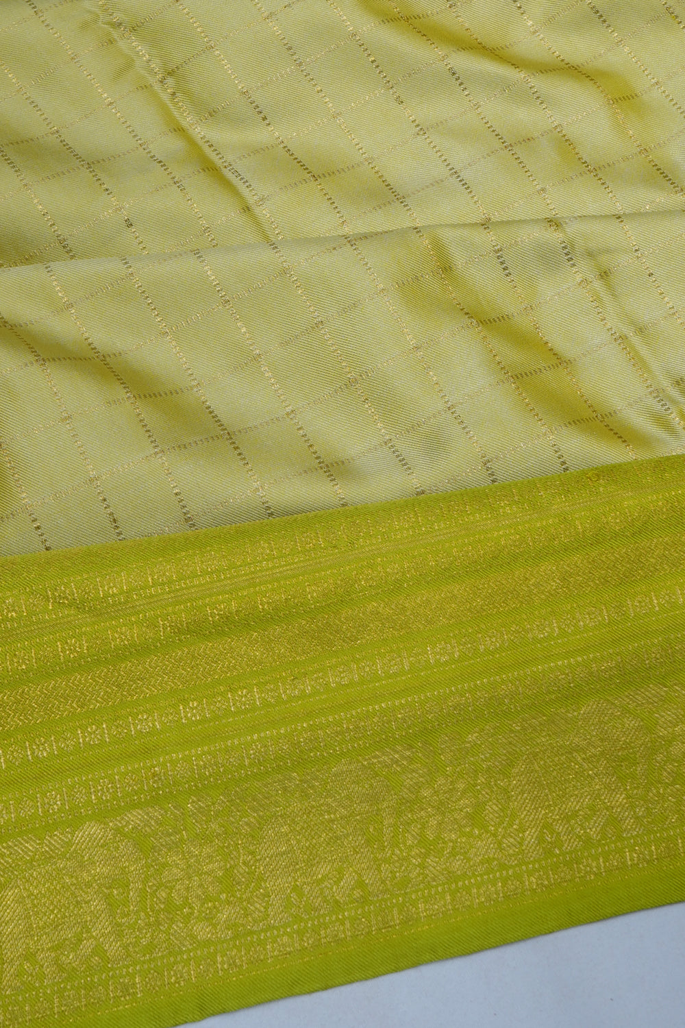 Kanchipuram Silk Twill Checks Pista Green Saree With Ikat Blouse