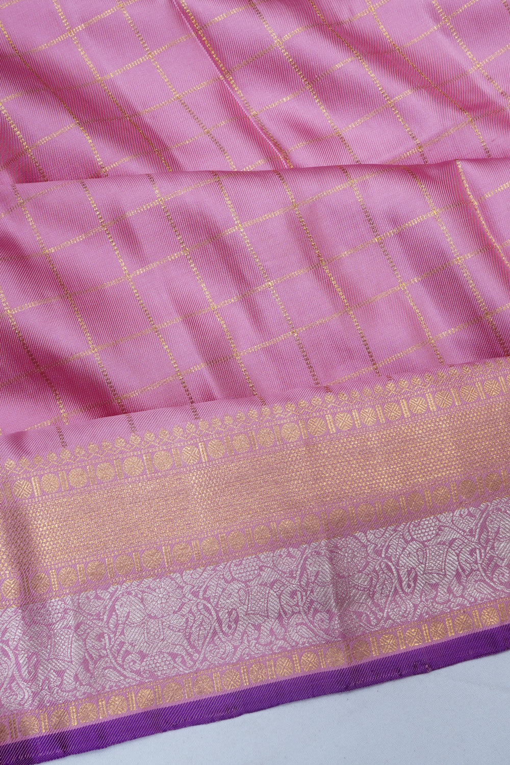 Kanchipuram Silk Twill Checks Lavender Saree