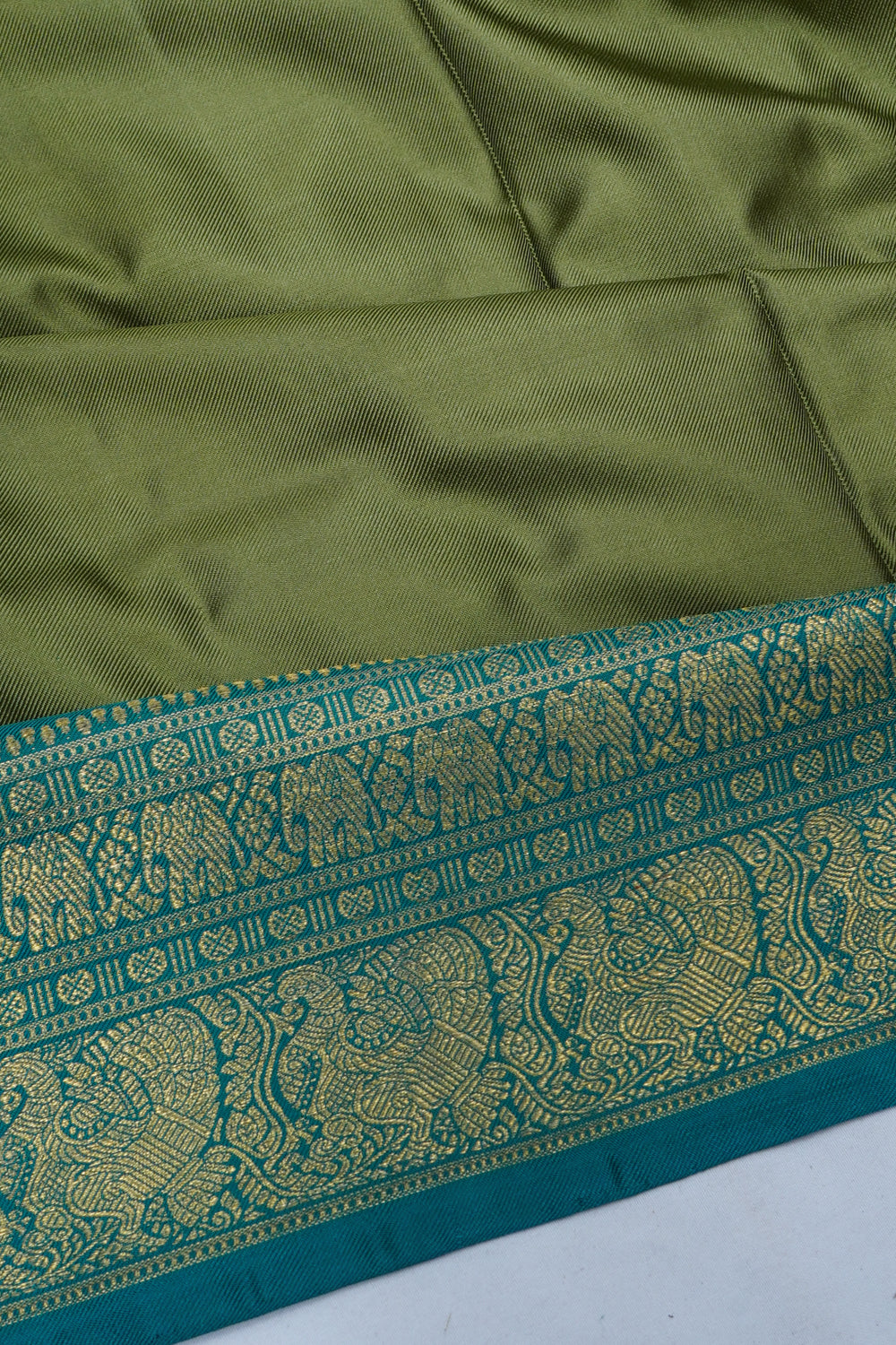 Kanchipuram Silk Twill Butta Mehendi Green Saree With Ikat Blouse