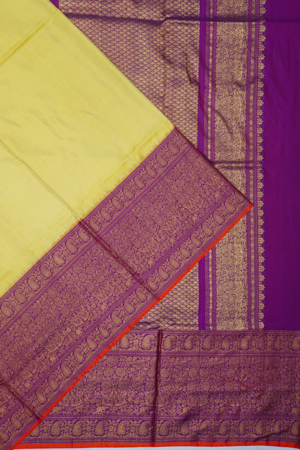 Kanchipuram Silk Twill Butta Lemon Yellow Saree With Ikat Blouse