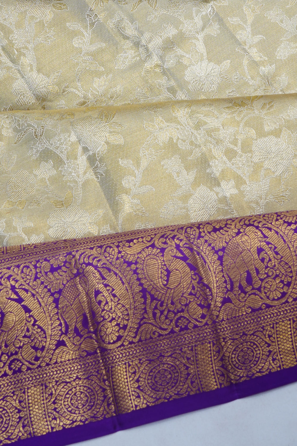 Kanchipuram Silk Tissue Brocade Silver Saree