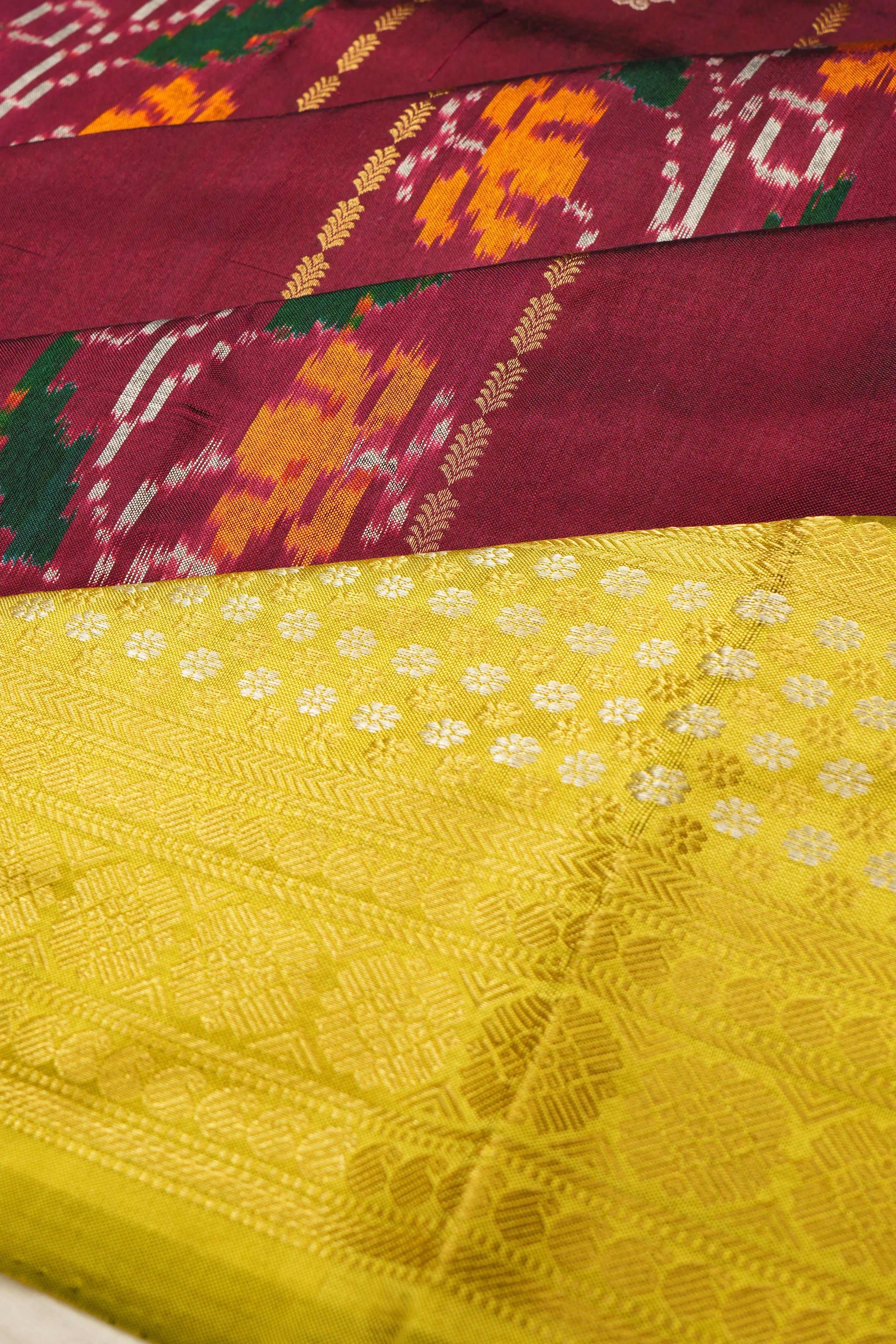 Kanchipuram Silk Ikat And Vertical Lines Maroon Saree