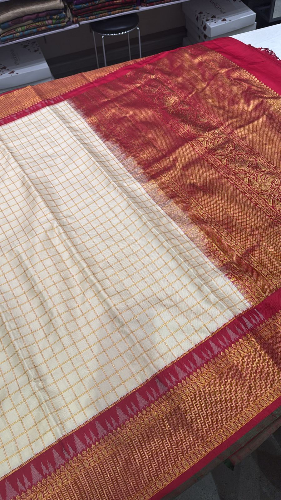 Kanchipuram Silk Checks Cream Saree