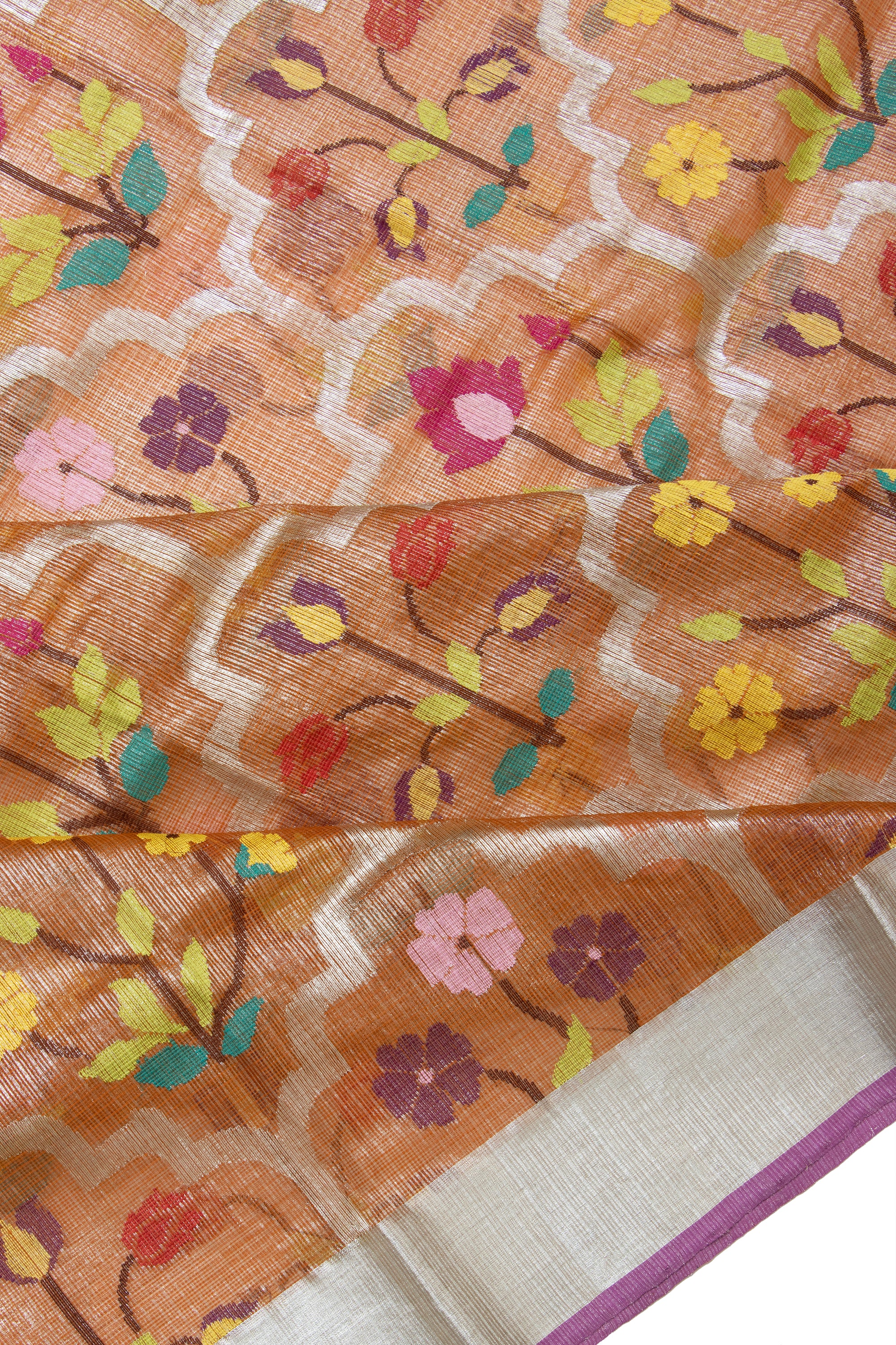 Zari Kota Cotton Tissue Jaal Brown Saree