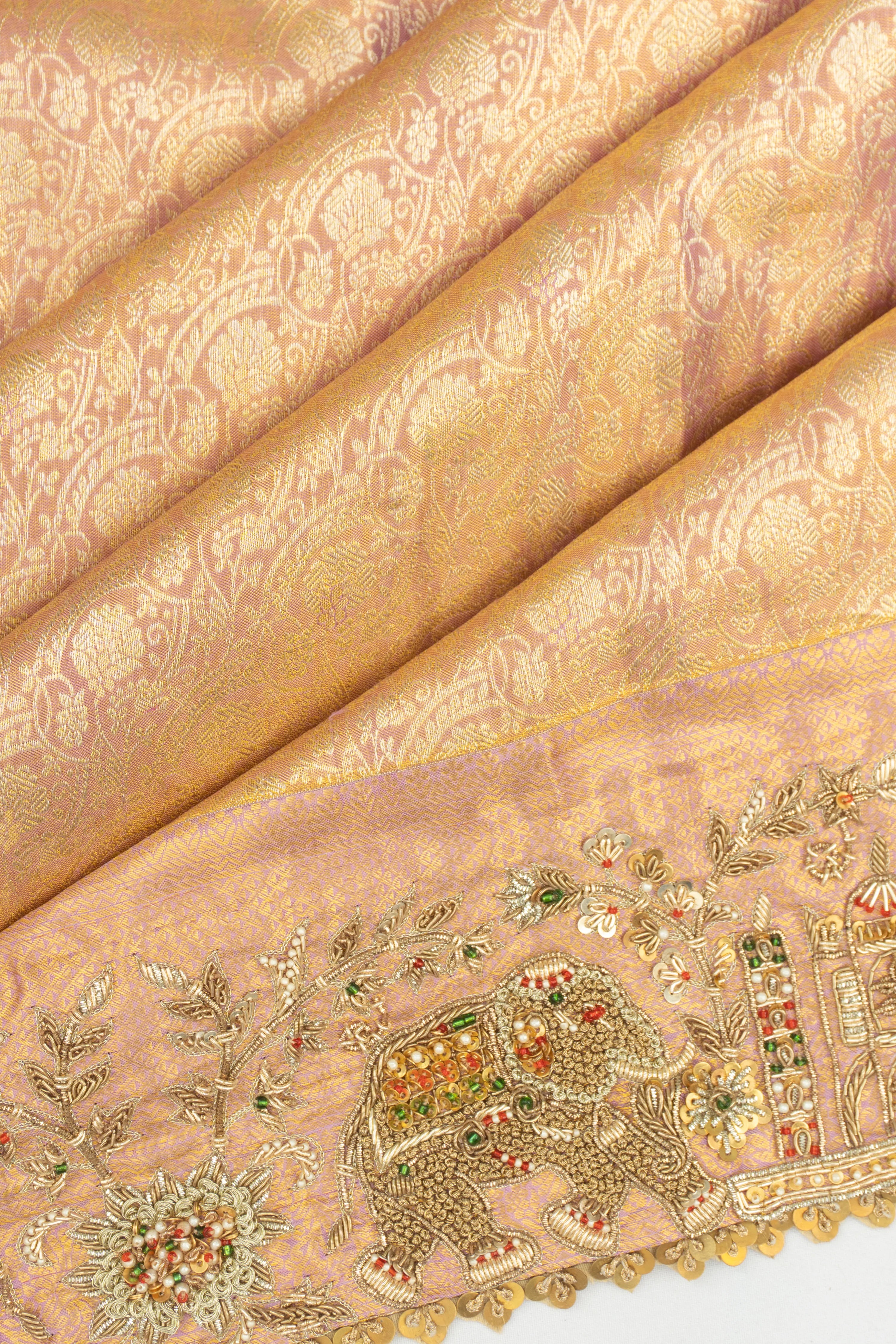 Kanchipuram Silk Tissue Brocade Pink Saree With Zardosi Work