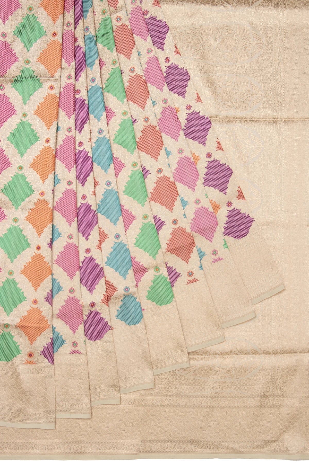 Banarasi Silk Jaal Multicolour Cream Saree