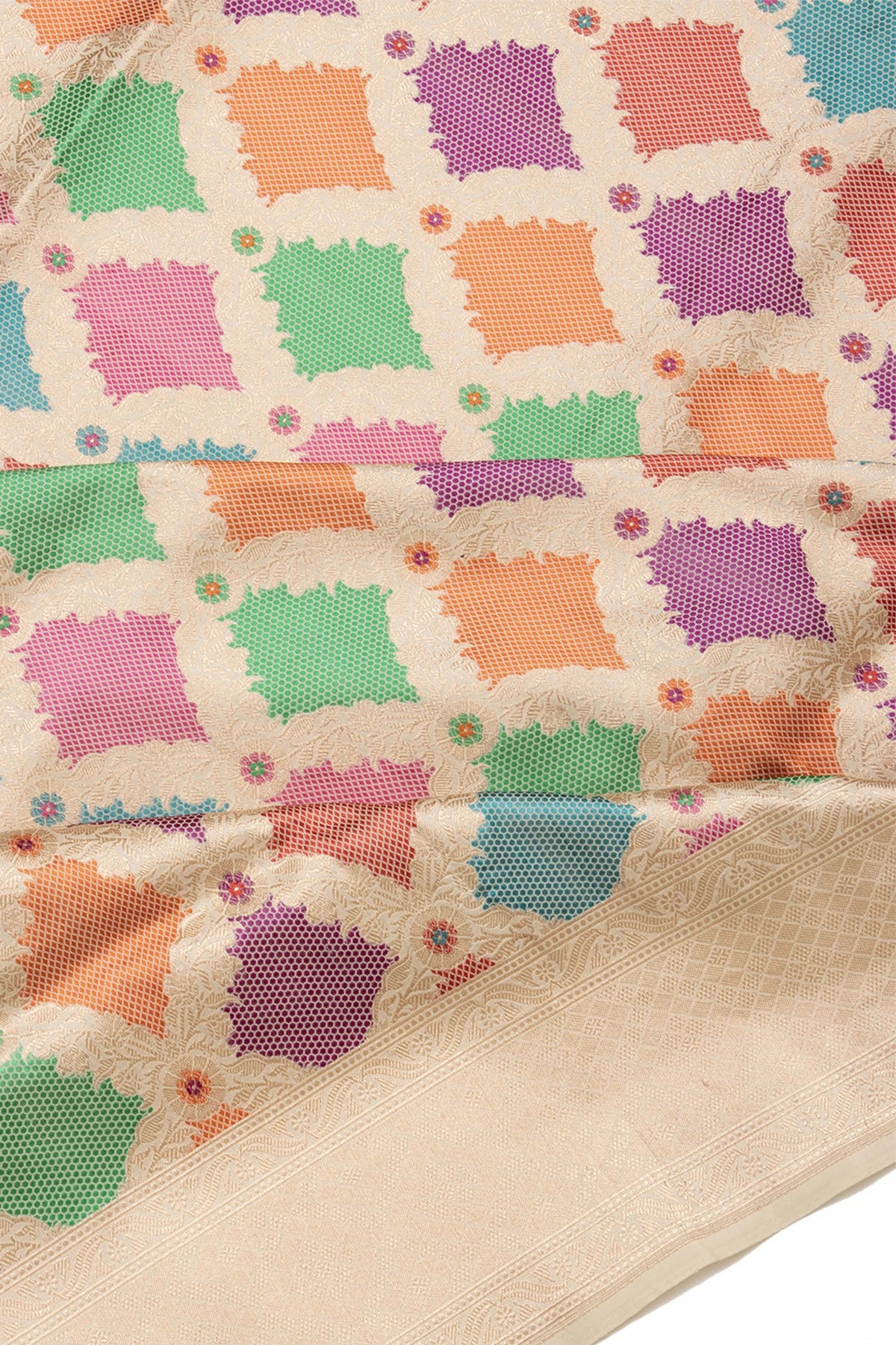 Banarasi Silk Jaal Multicolour Cream Saree
