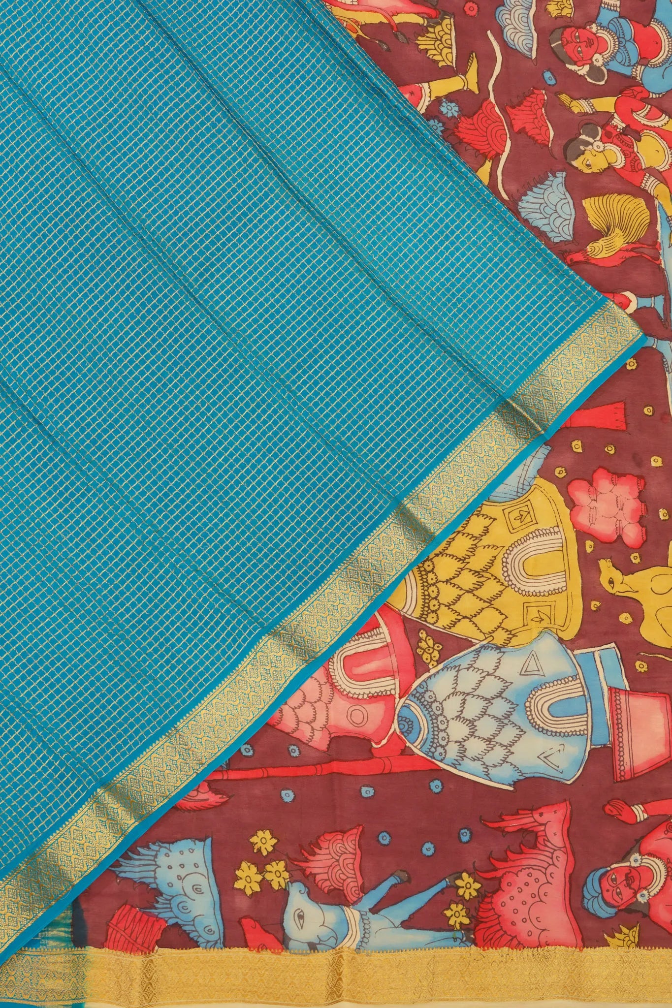 Georgette Crepe Checks Blue Saree With Kalamkari Border