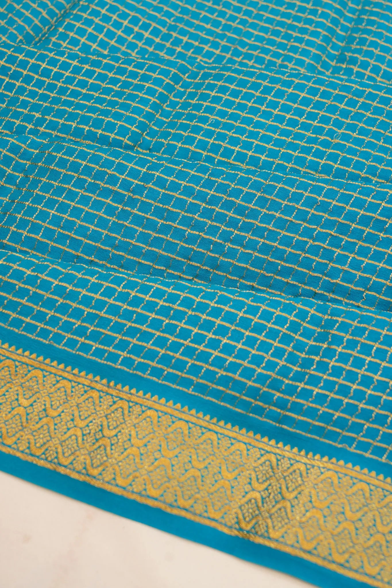 Georgette Crepe Checks Blue Saree With Kalamkari Border