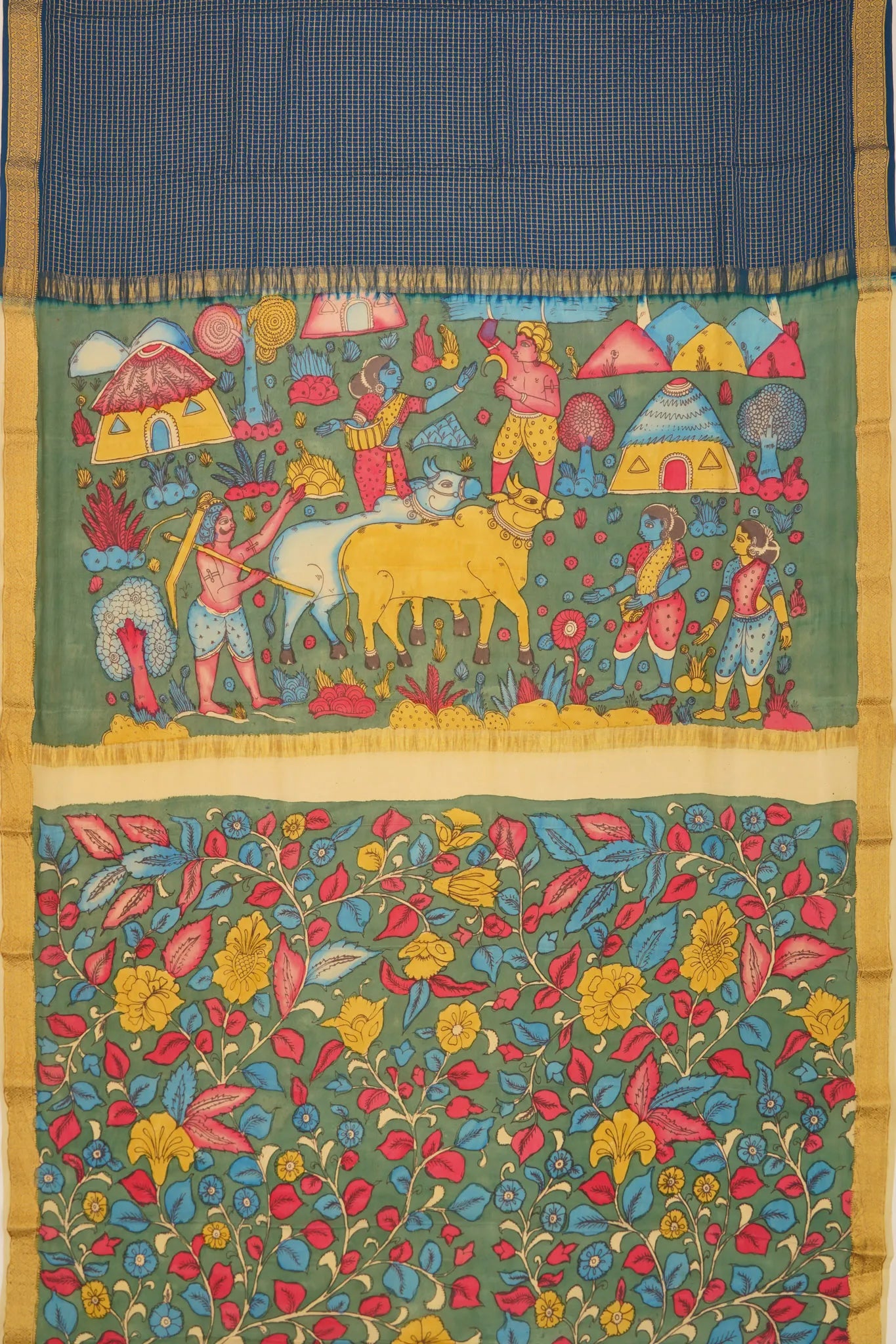 georgette-crepe-checks-teal-blue-saree-with-kalamkari-border-1215372835