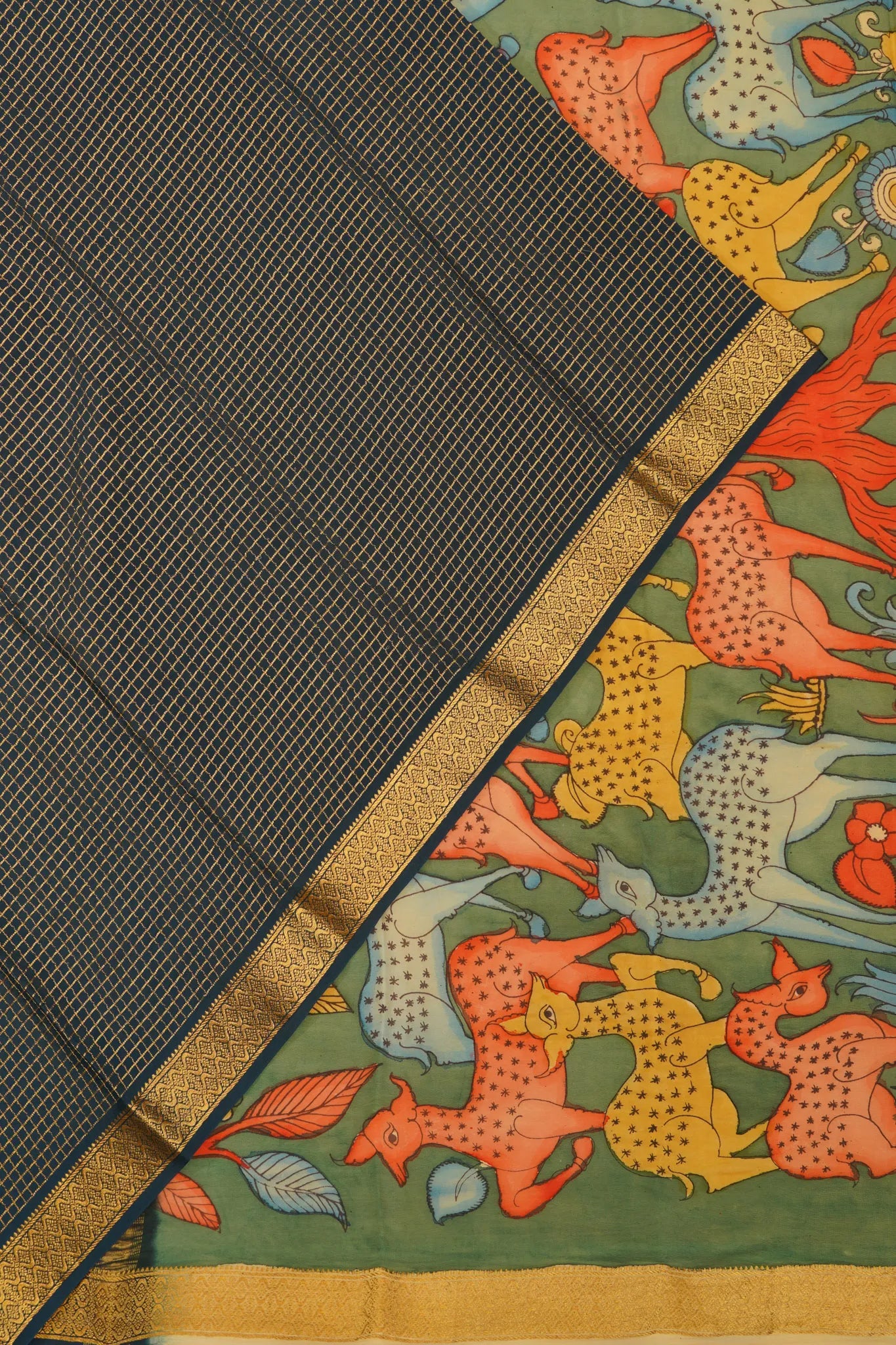 Georgette Crepe Checks Dark Blue Saree With Kalamkari Border