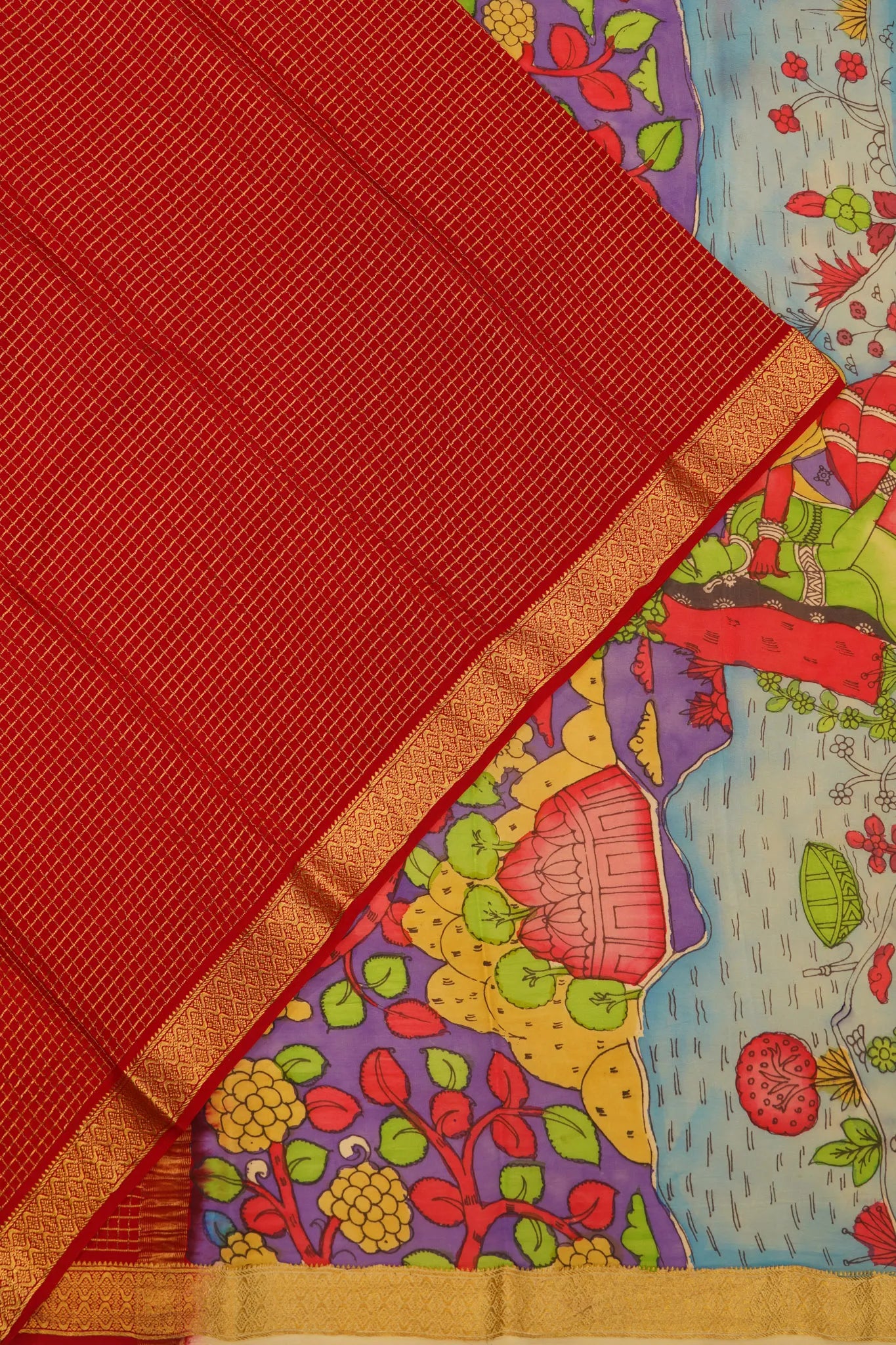 Georgette Crepe Checks Maroon Saree With Kalamkari Border