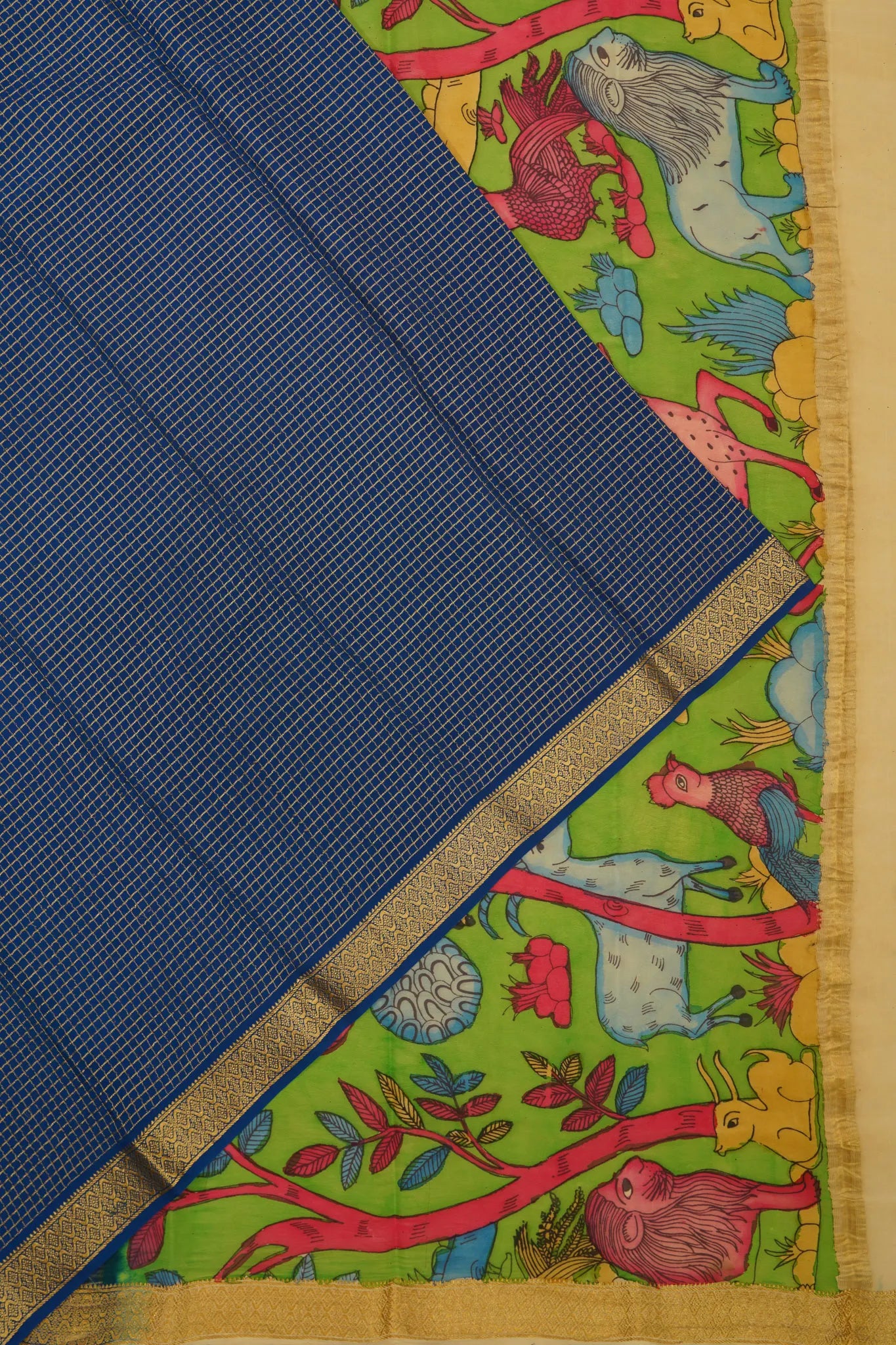 georgette-crepe-checks-blue-saree-with-kalamkari-border-1215372842