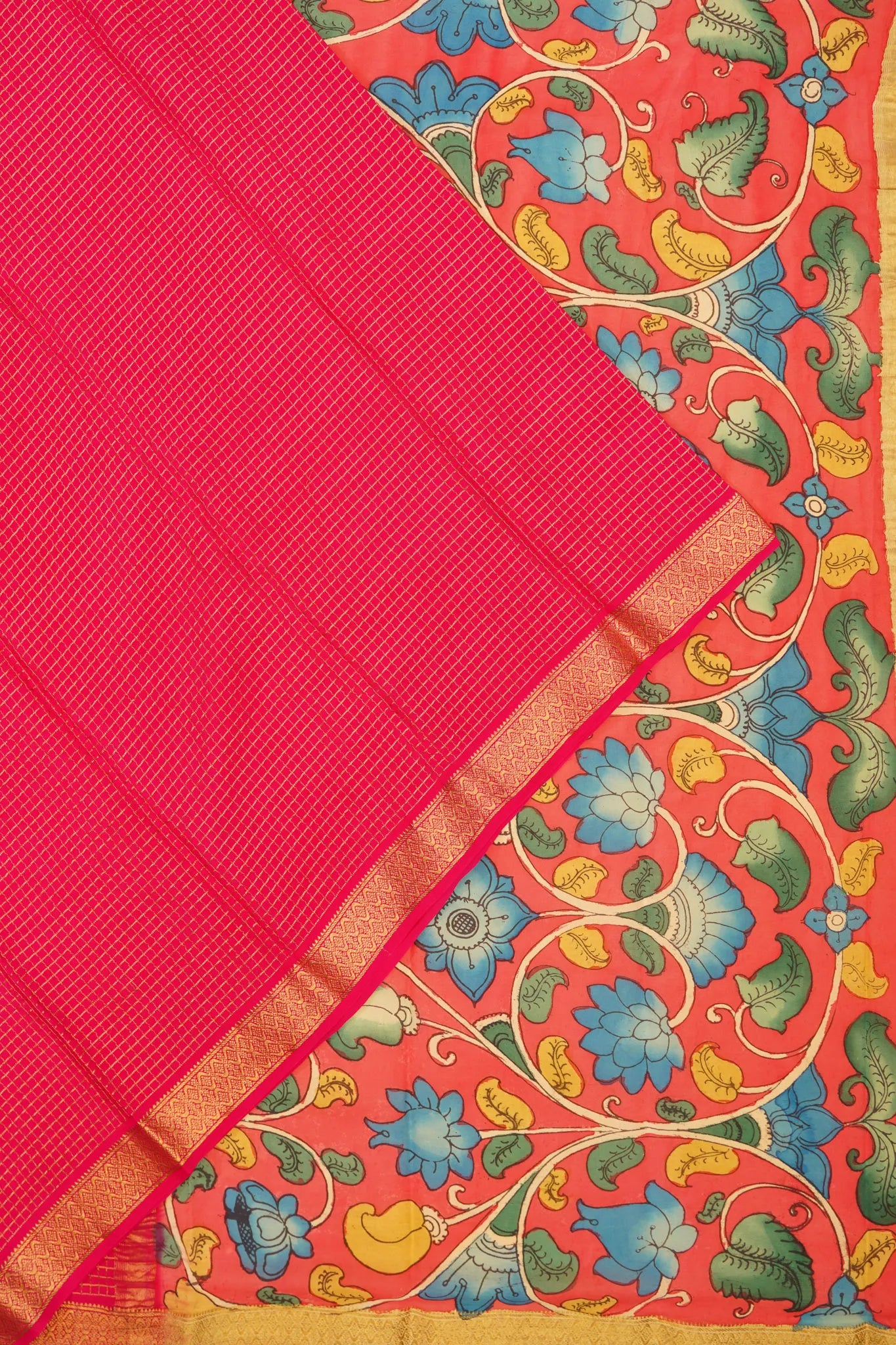 Georgette Crepe Checks Rani Pink Saree With Kalamkari Border