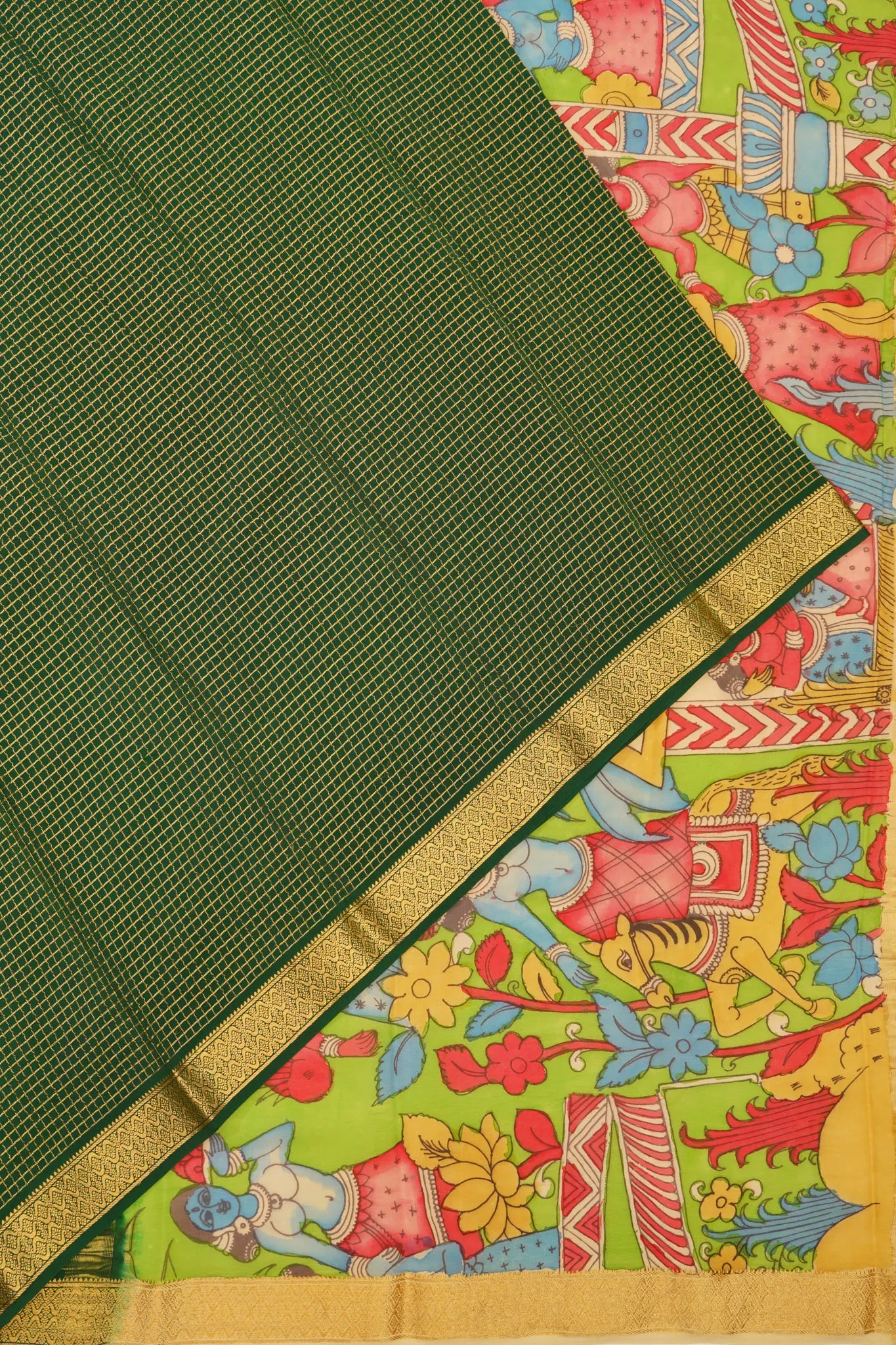 Georgette Crepe Checks Dark Green Saree With Kalamkari Border