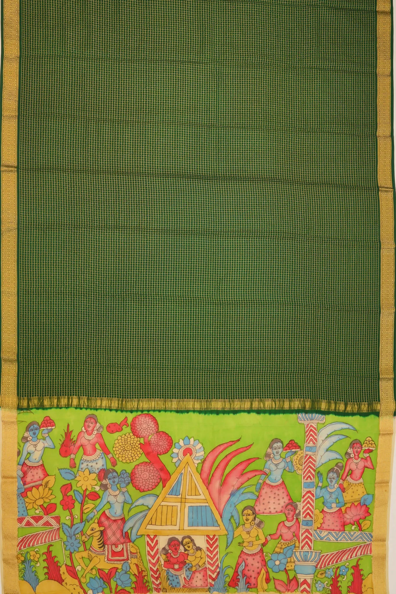 georgette-crepe-checks-dark-green-saree-with-kalamkari-border-1215372844