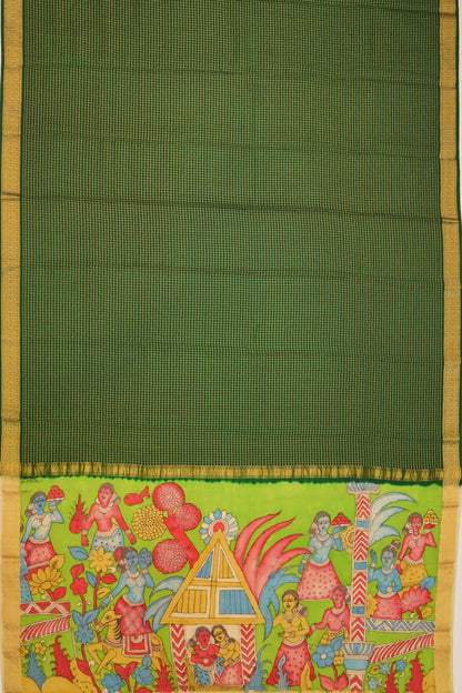 georgette-crepe-checks-dark-green-saree-with-kalamkari-border-1215372844