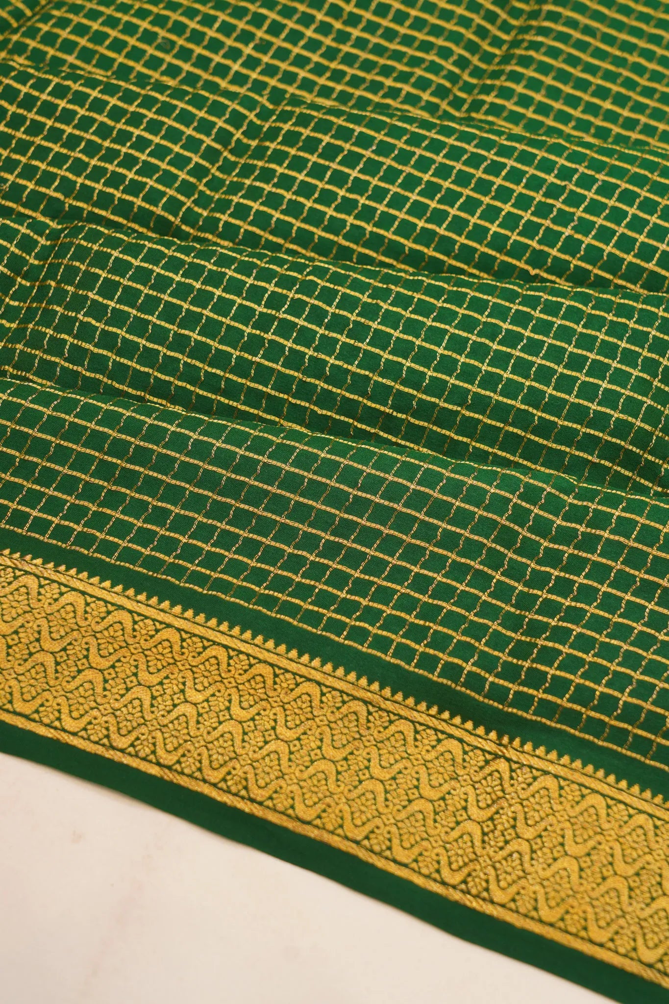 Georgette Crepe Checks Dark Green Saree With Kalamkari Border