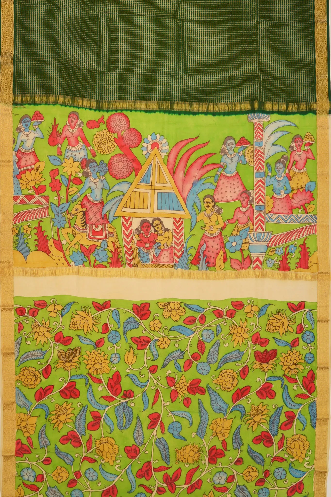 georgette-crepe-checks-dark-green-saree-with-kalamkari-border-1215372844