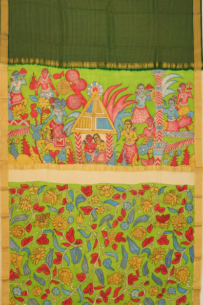 georgette-crepe-checks-dark-green-saree-with-kalamkari-border-1215372844